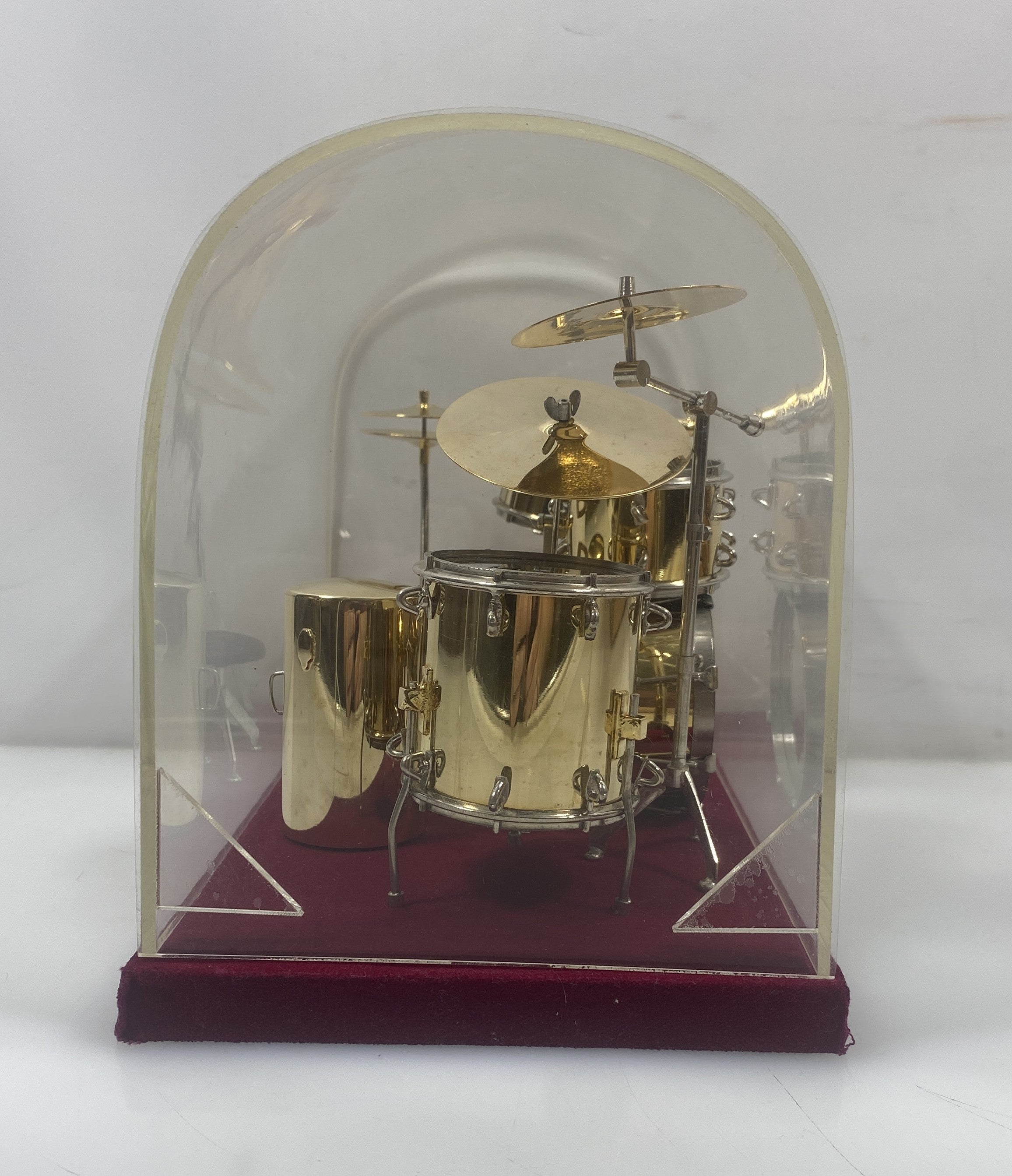 Miniature Gold Brass Drum Set Replica With Display Cover