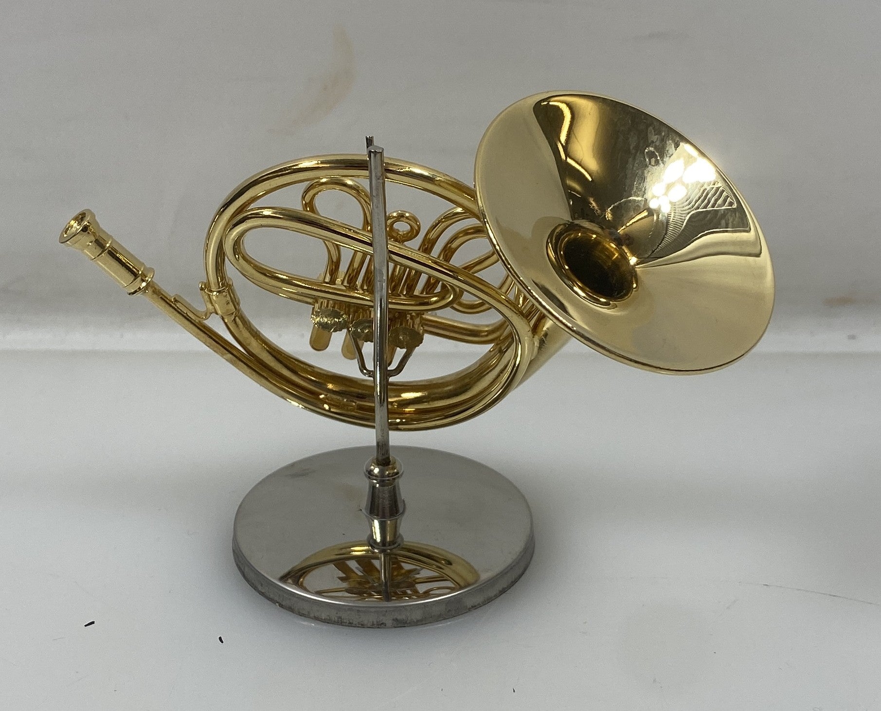 Miniature Gold Brass French Horn With Case And Stand