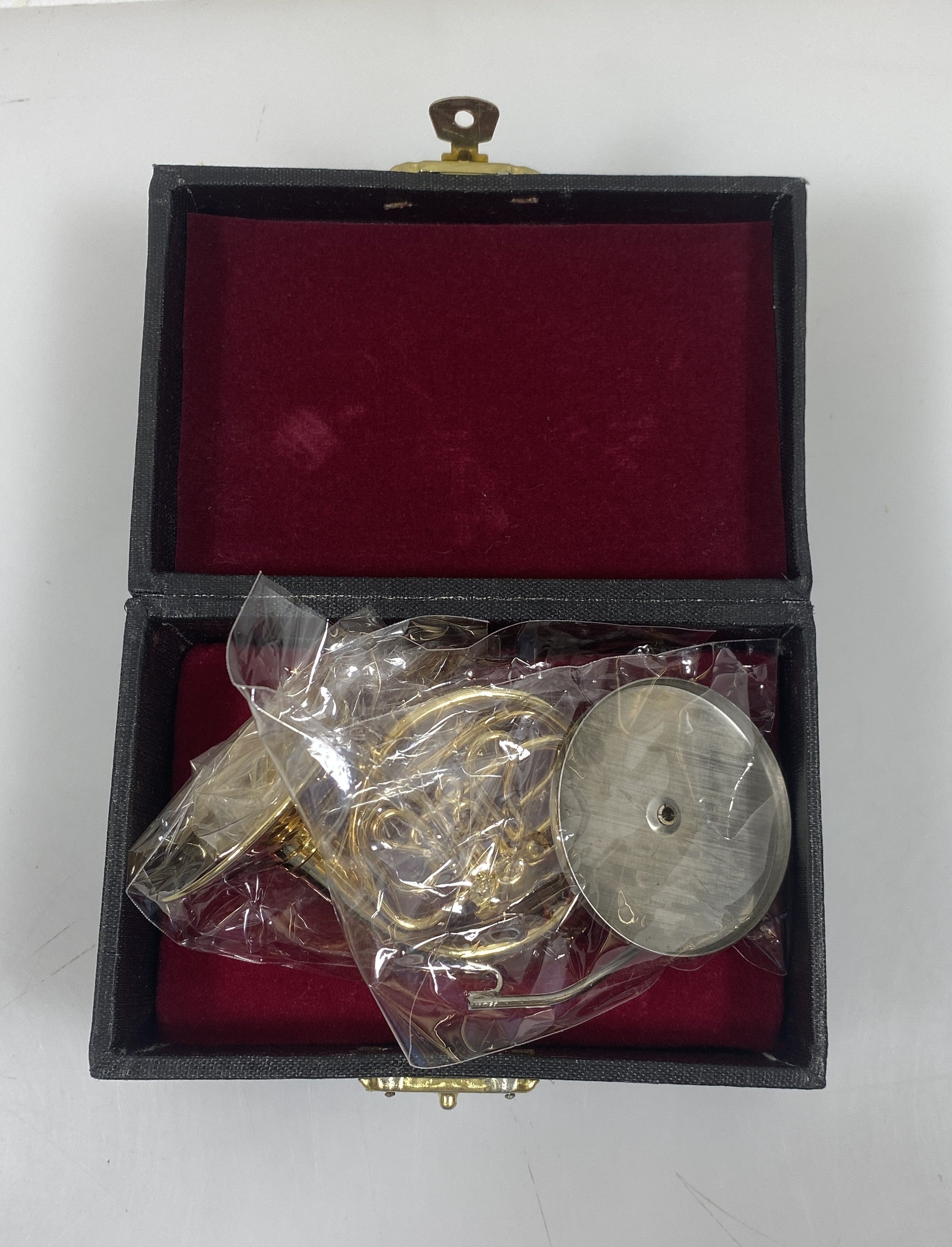 Miniature Gold Brass French Horn With Case And Stand