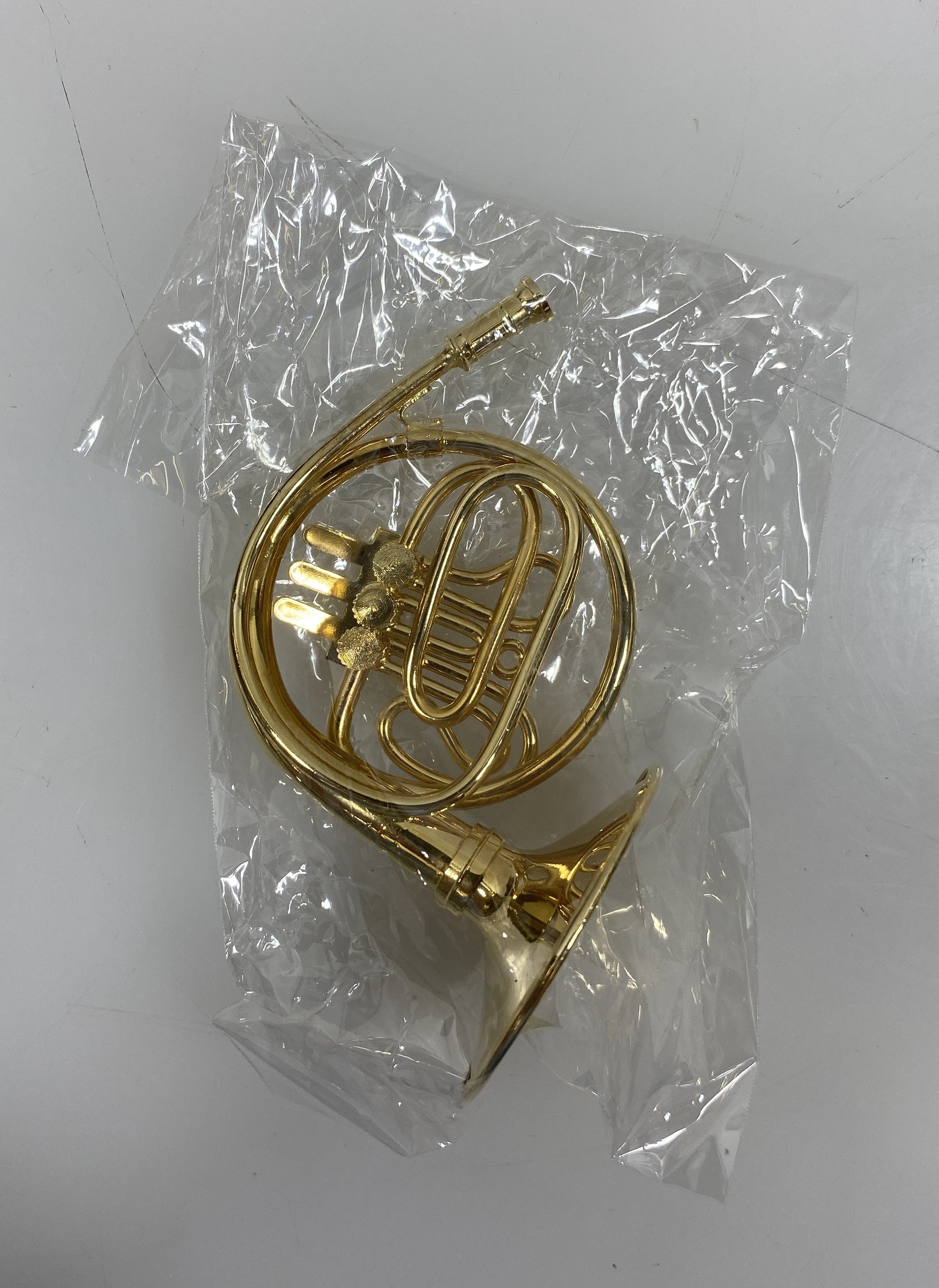 Miniature Gold Brass French Horn With Case And Stand