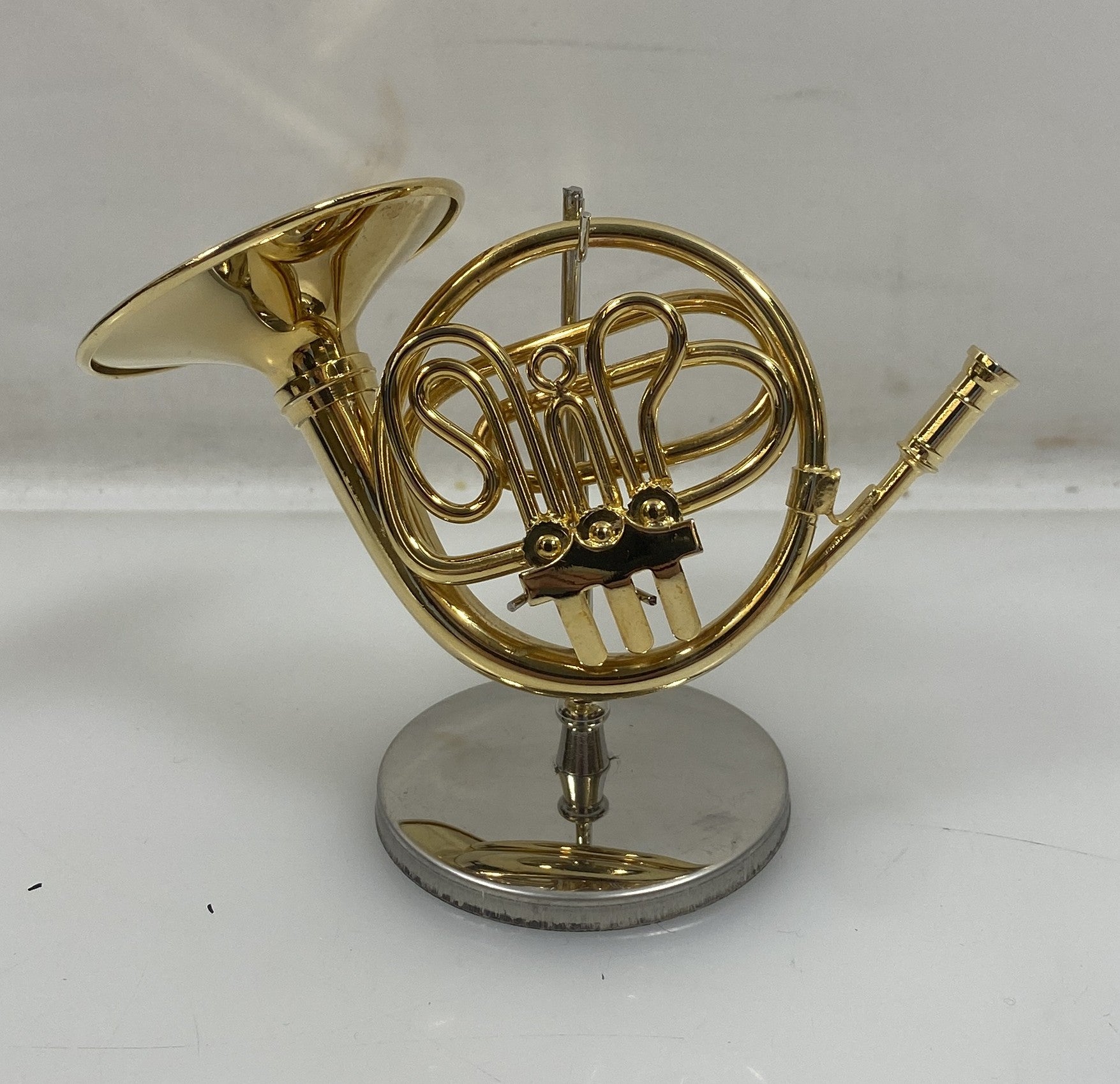 Miniature Gold Brass French Horn With Case And Stand