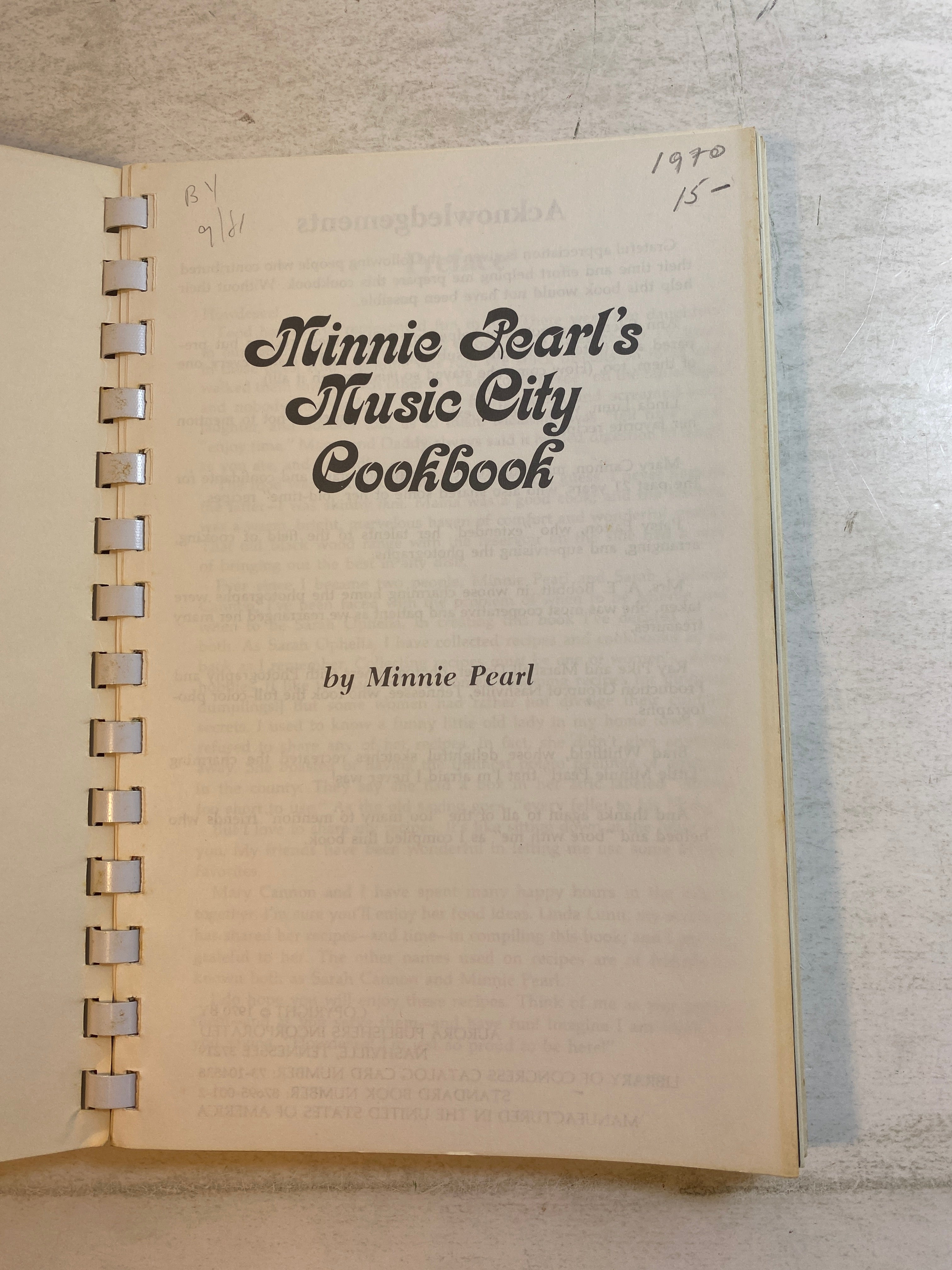 Minnie Pearl's Music City Cook Book 1970