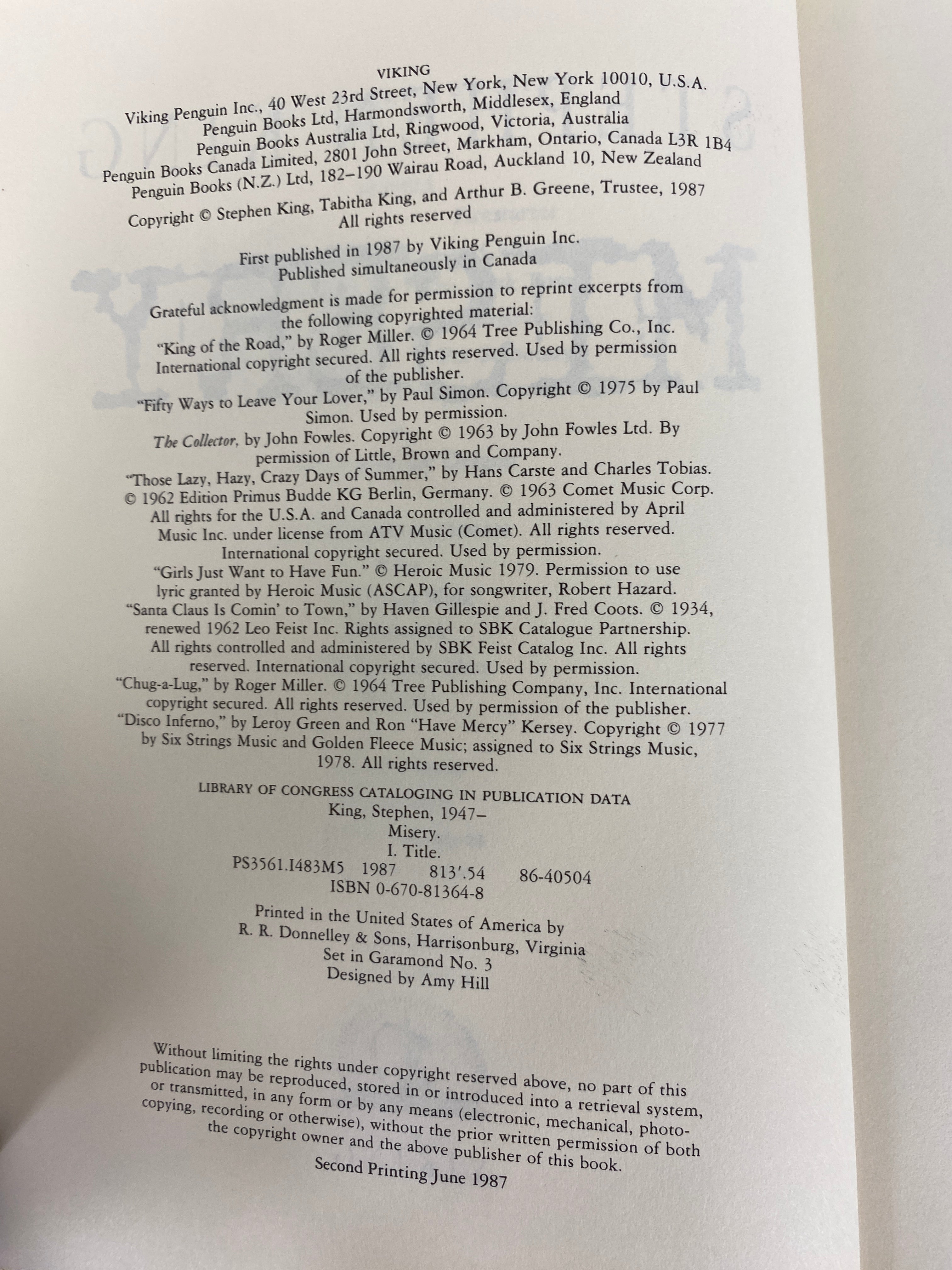 Misery Stephen King 1987 HCDJ