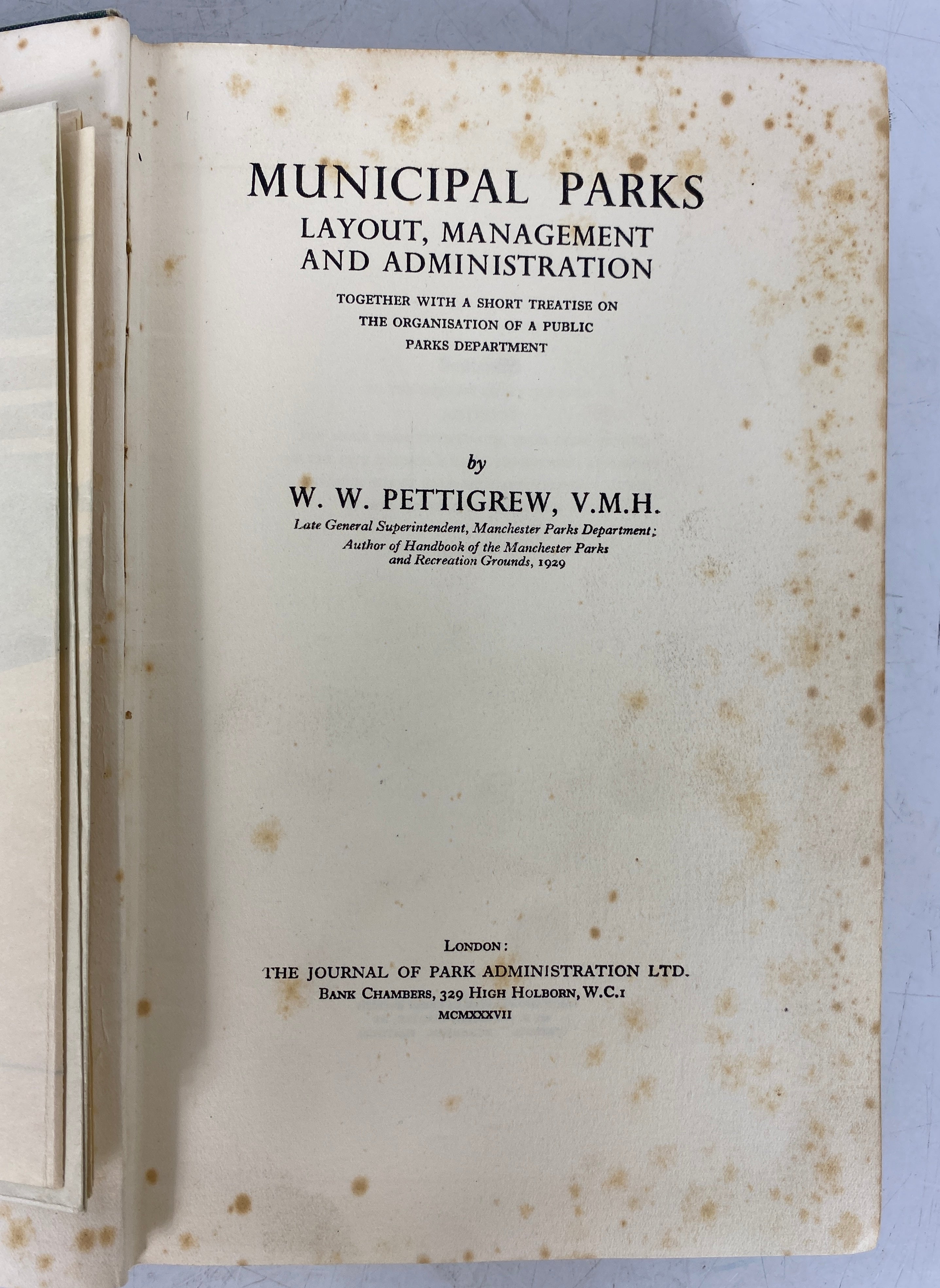 Municipal Parks W.W. Pettigrew 1937 HC w Vintage Ads and Map