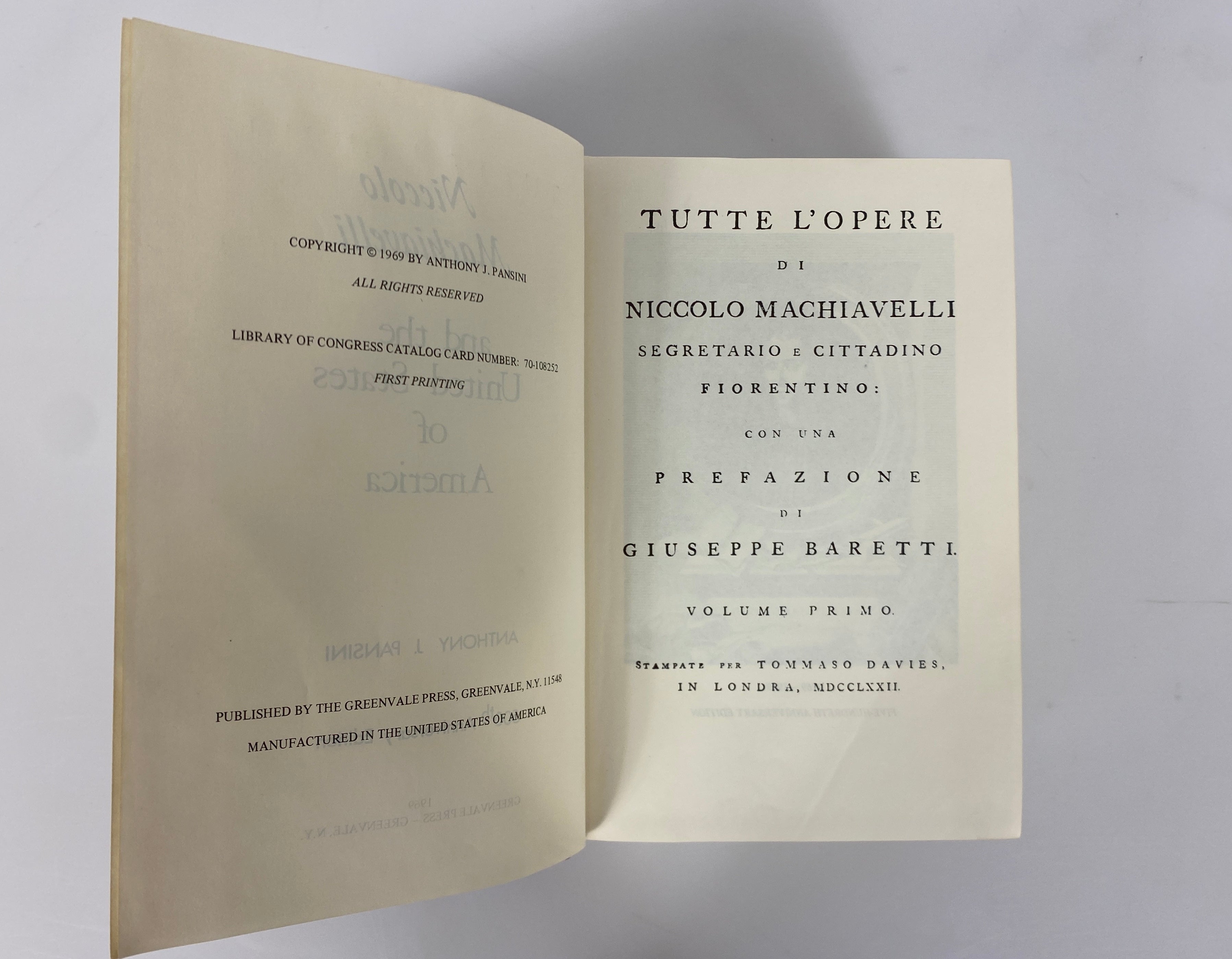 Niccolo Machiavelli and the USA by Anthony Pansini 1969 Ex-Library HC