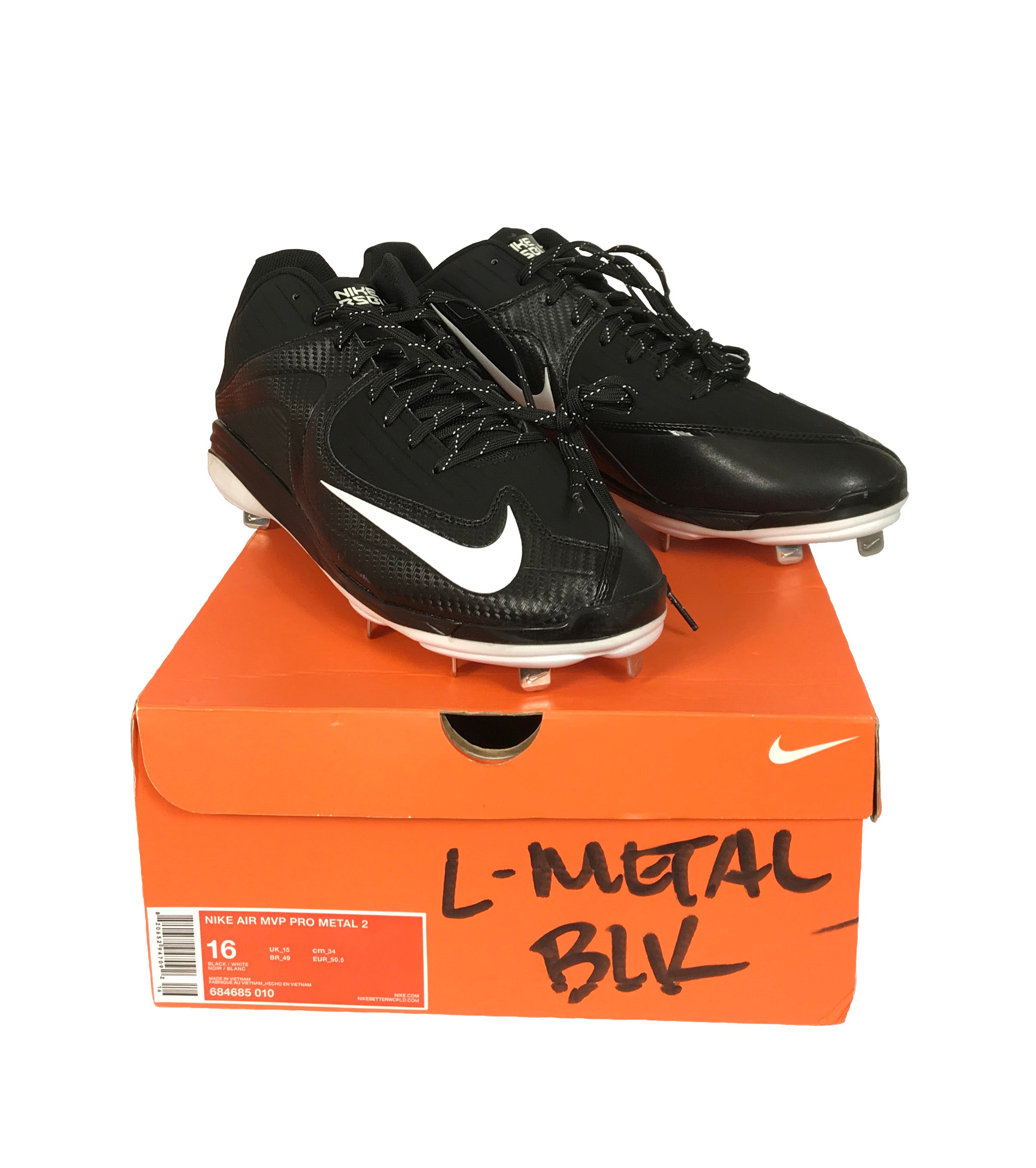 Nike Air MVP Pro Metal 2 Black and White Baseball Cleats Men's Size 16