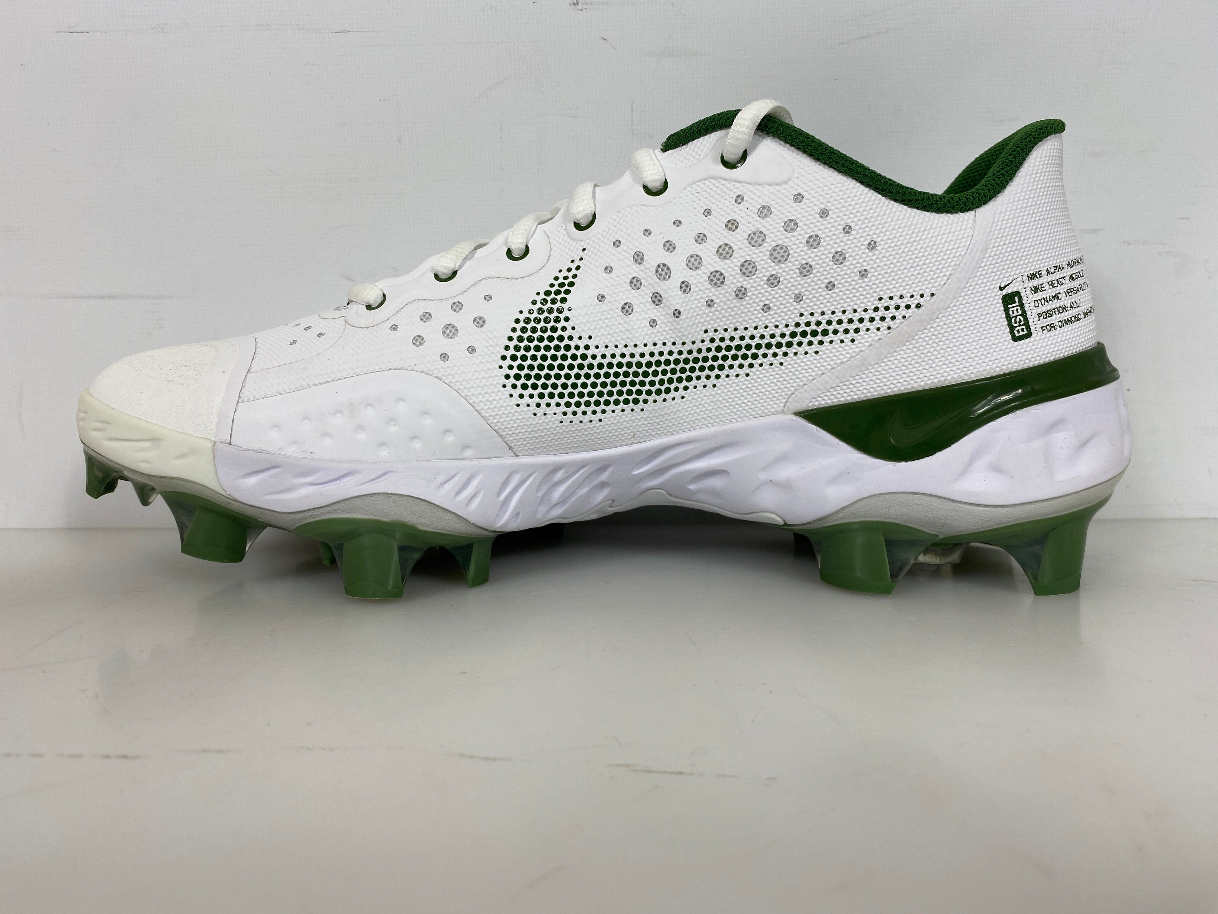 Nike White and Green Alpha Hurache Elite 3 Low MCS Gen FS Baseball Cleats Men's Size 10.5