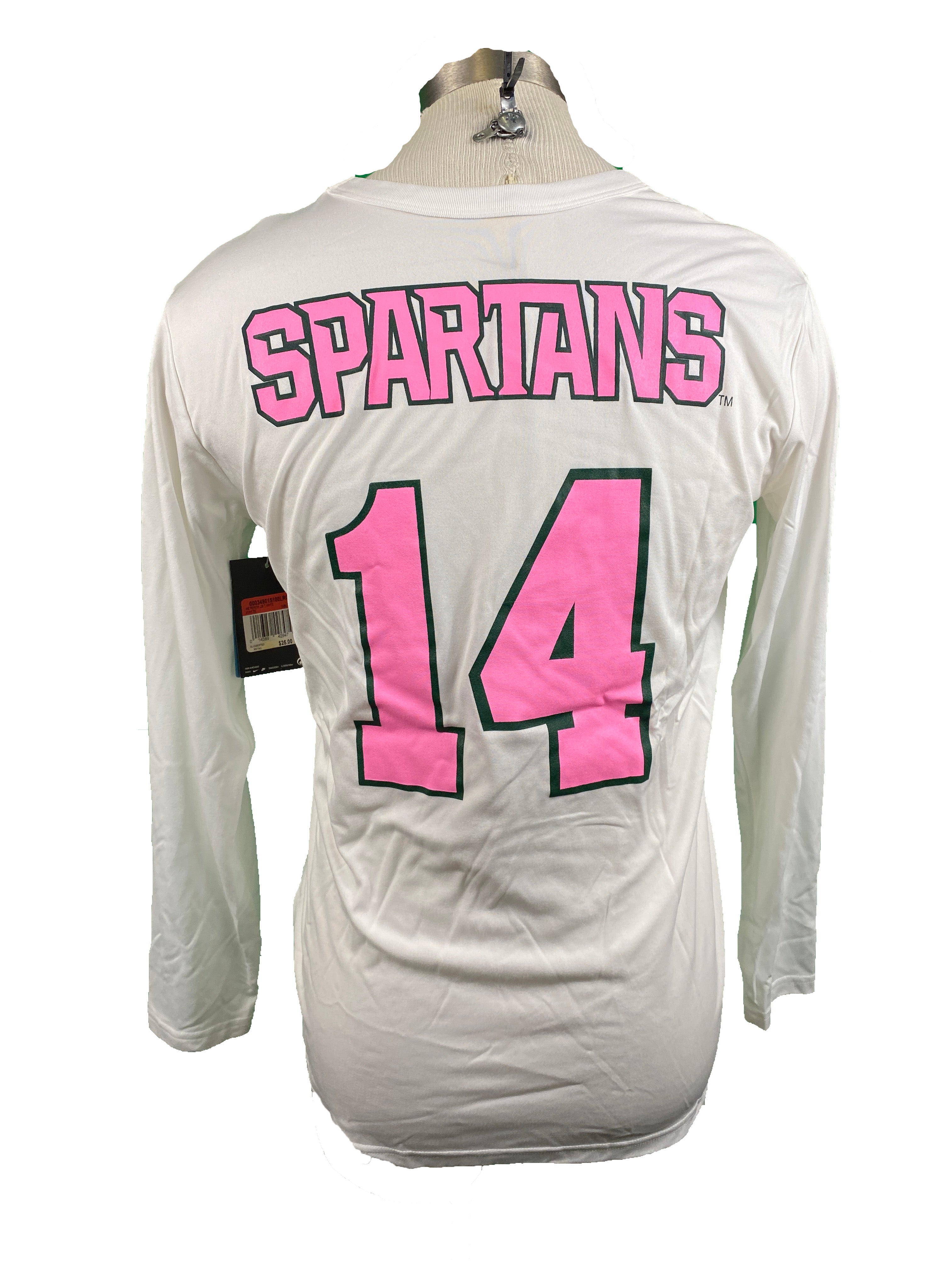 Nike White Spartan Brest Cancer Awareness Volleyball Long Sleeve Jersey #14 Women's Size L