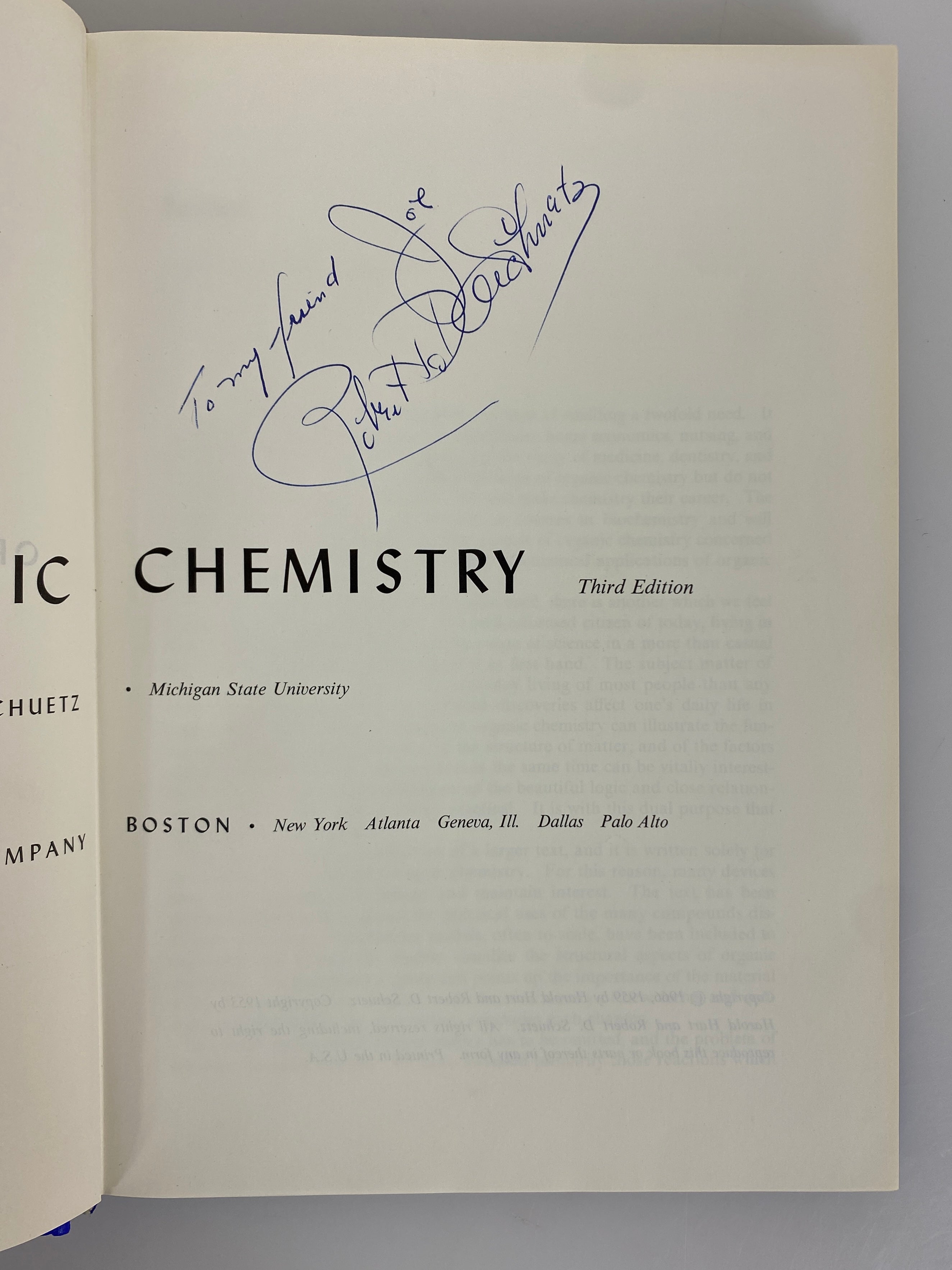 Organic Chemistry by Hart/Schuetz 1966 Signed Vintage HC Textbook
