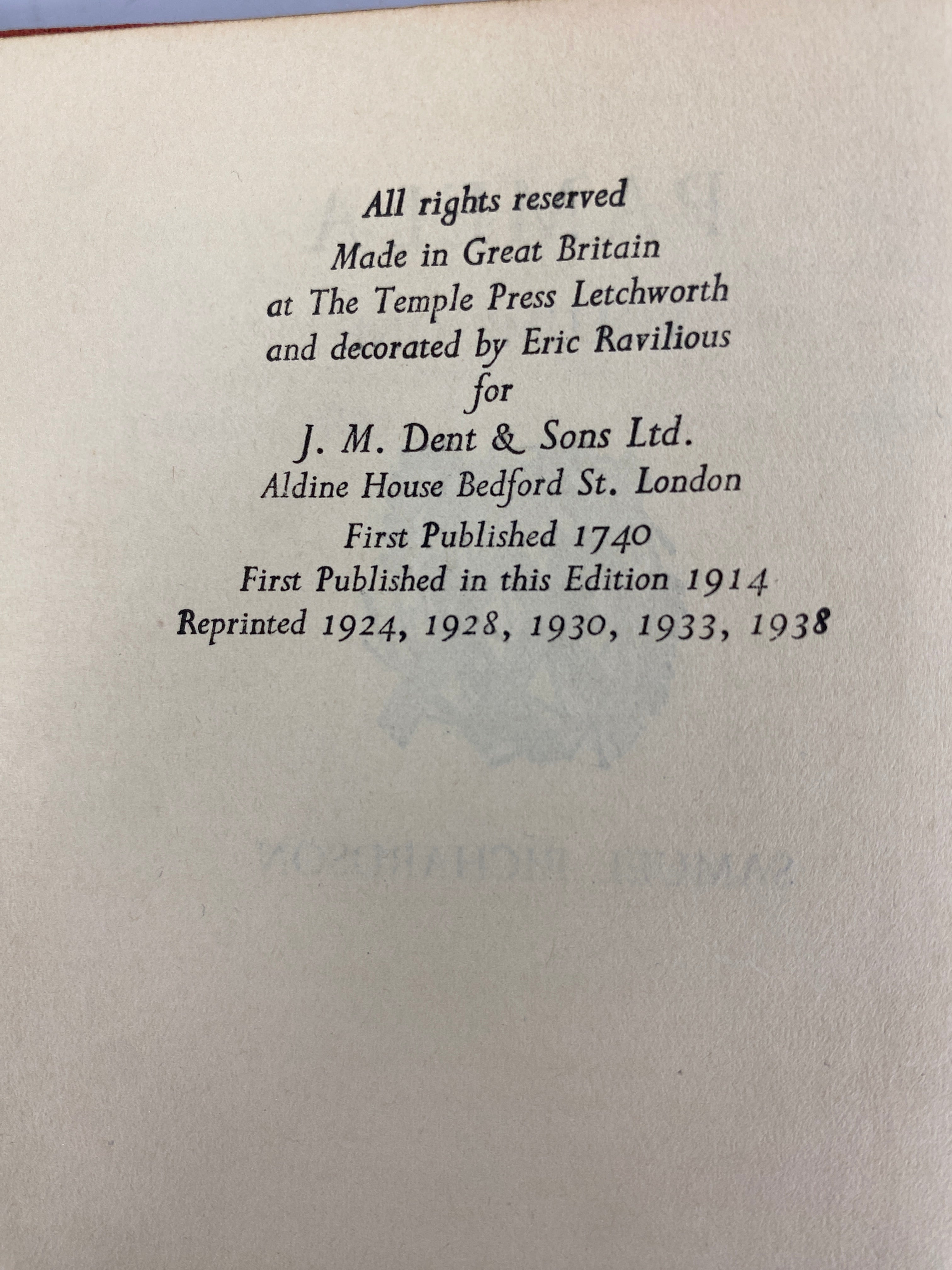 Pamela Volume 1 by Samuel Richardson 1938 Everyman's Library HC