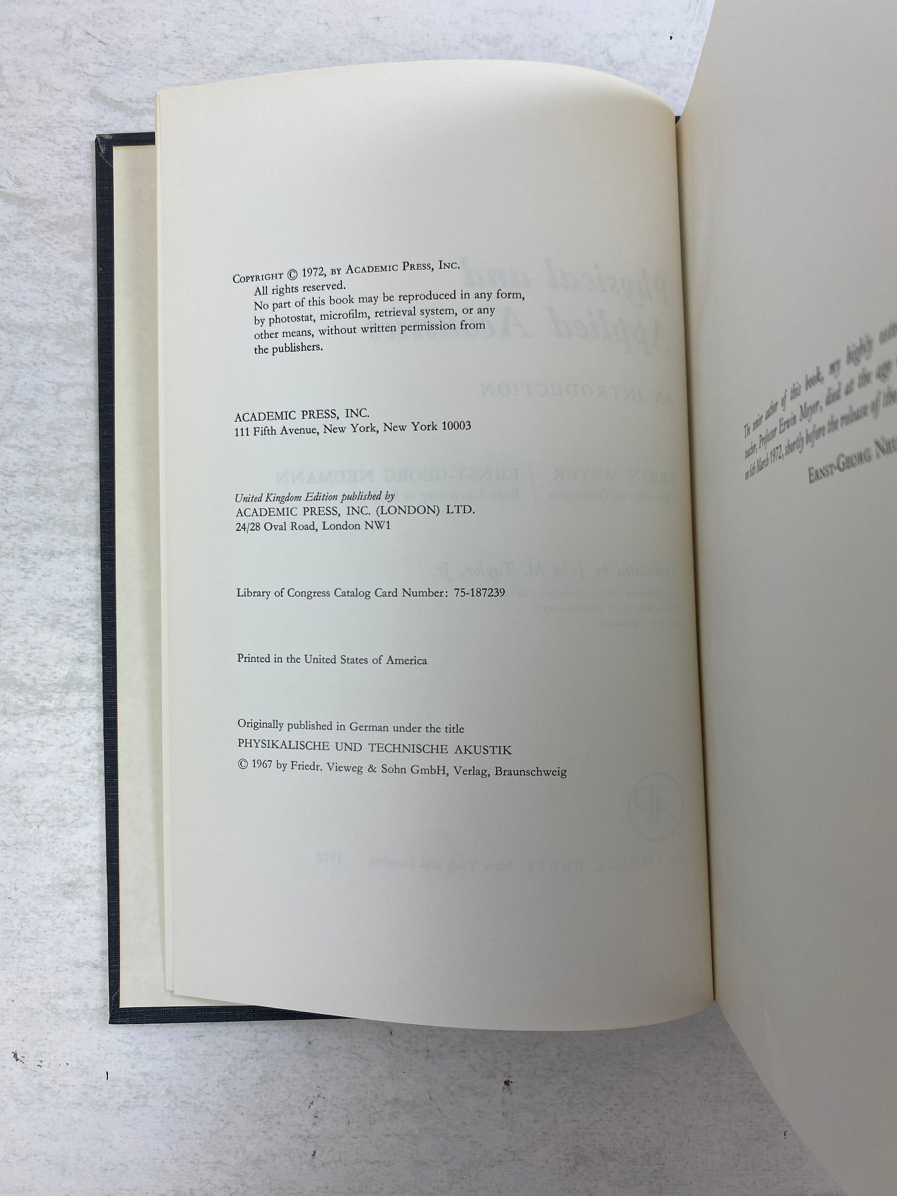 Physical and Applied Acoustics by Meyer/Neumann Academic Press 1972 HC