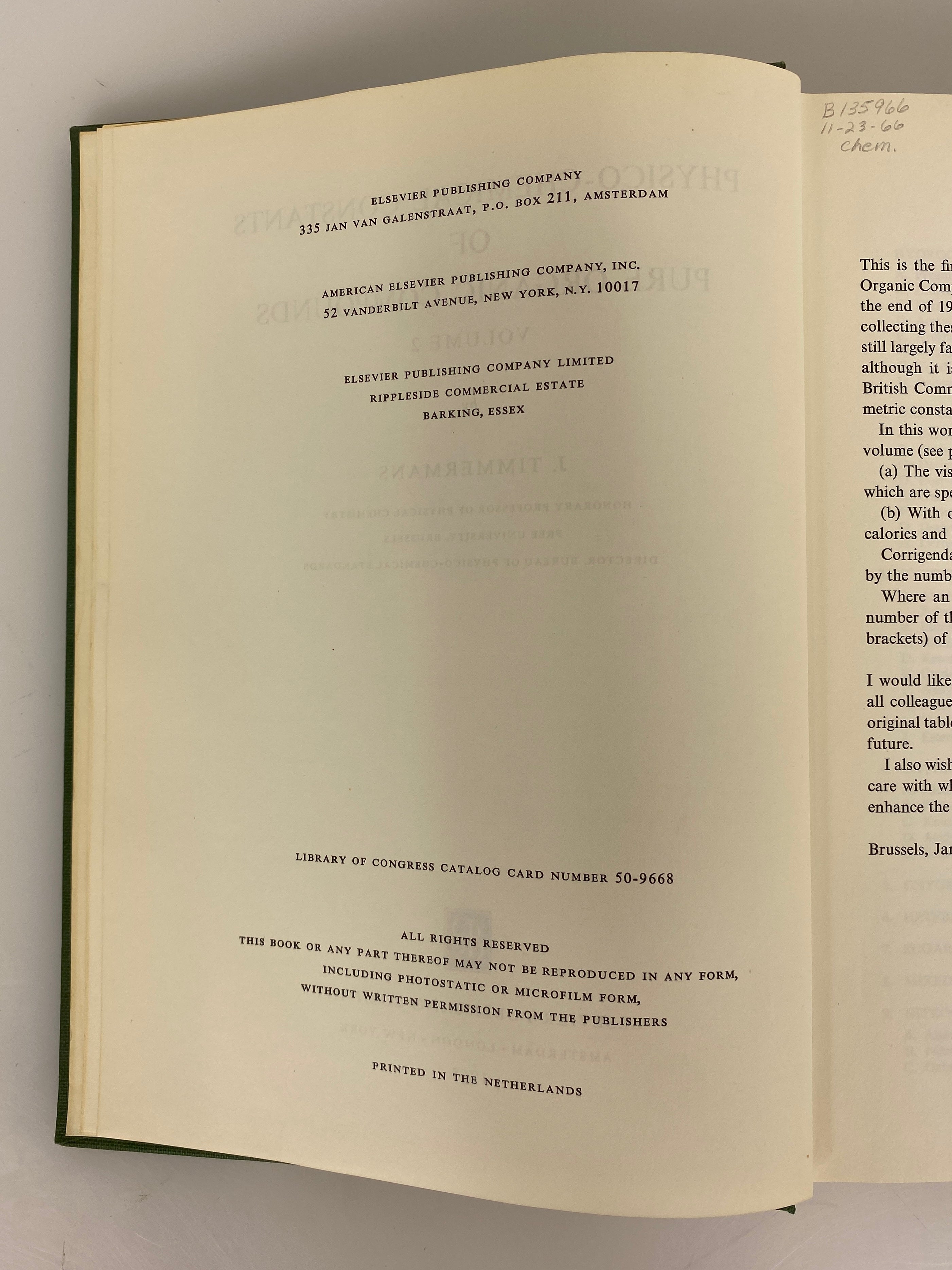 Physico-Chemical Constants of Pure Organic Compounds II Timmermans 1965 HC
