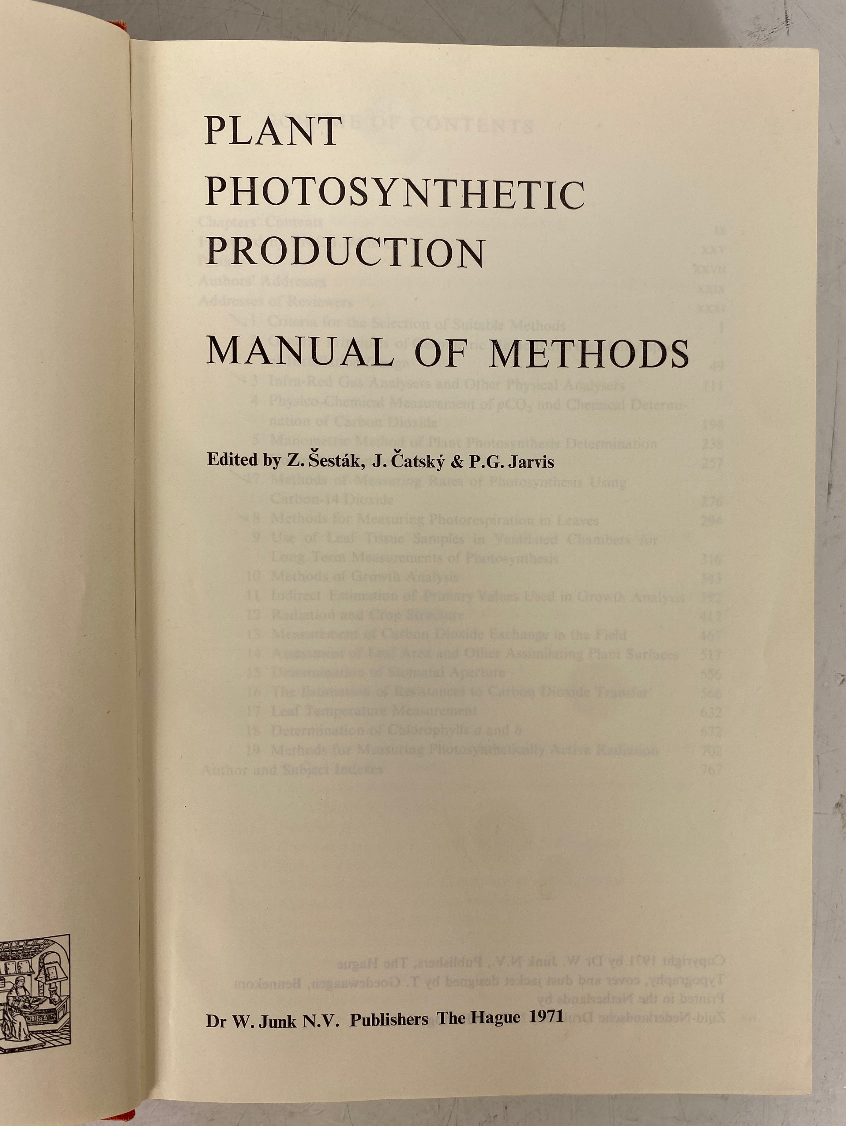 Plant Photosynthetic Production Manual of Methods 1971 HC