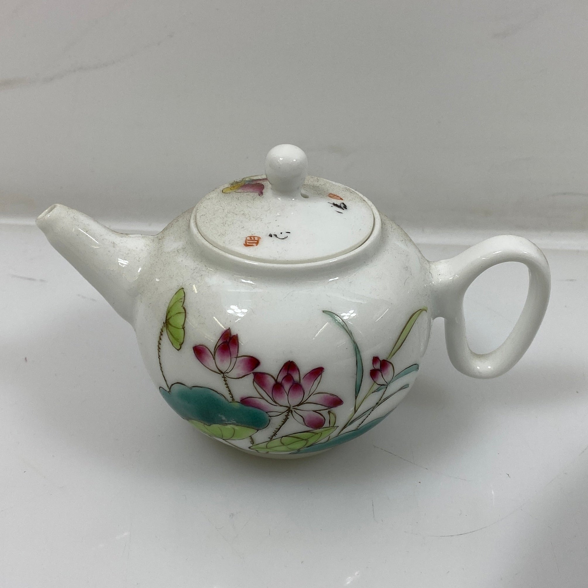 Porcelain Lotus Flower Designed Tea Set w/ Teapot, 4 Cups, Serving Tray, and Ginger Jar