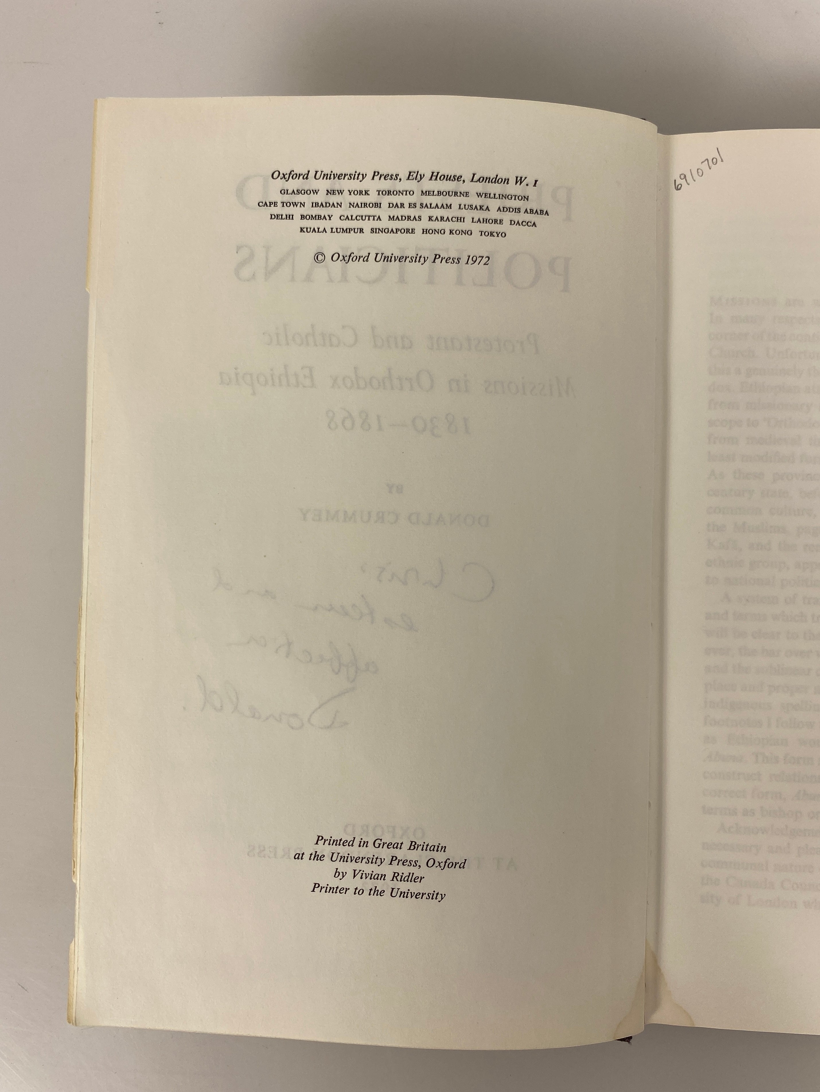 Priests and Politicians by Donald Crummey 1972 Signed Ex-Library HC