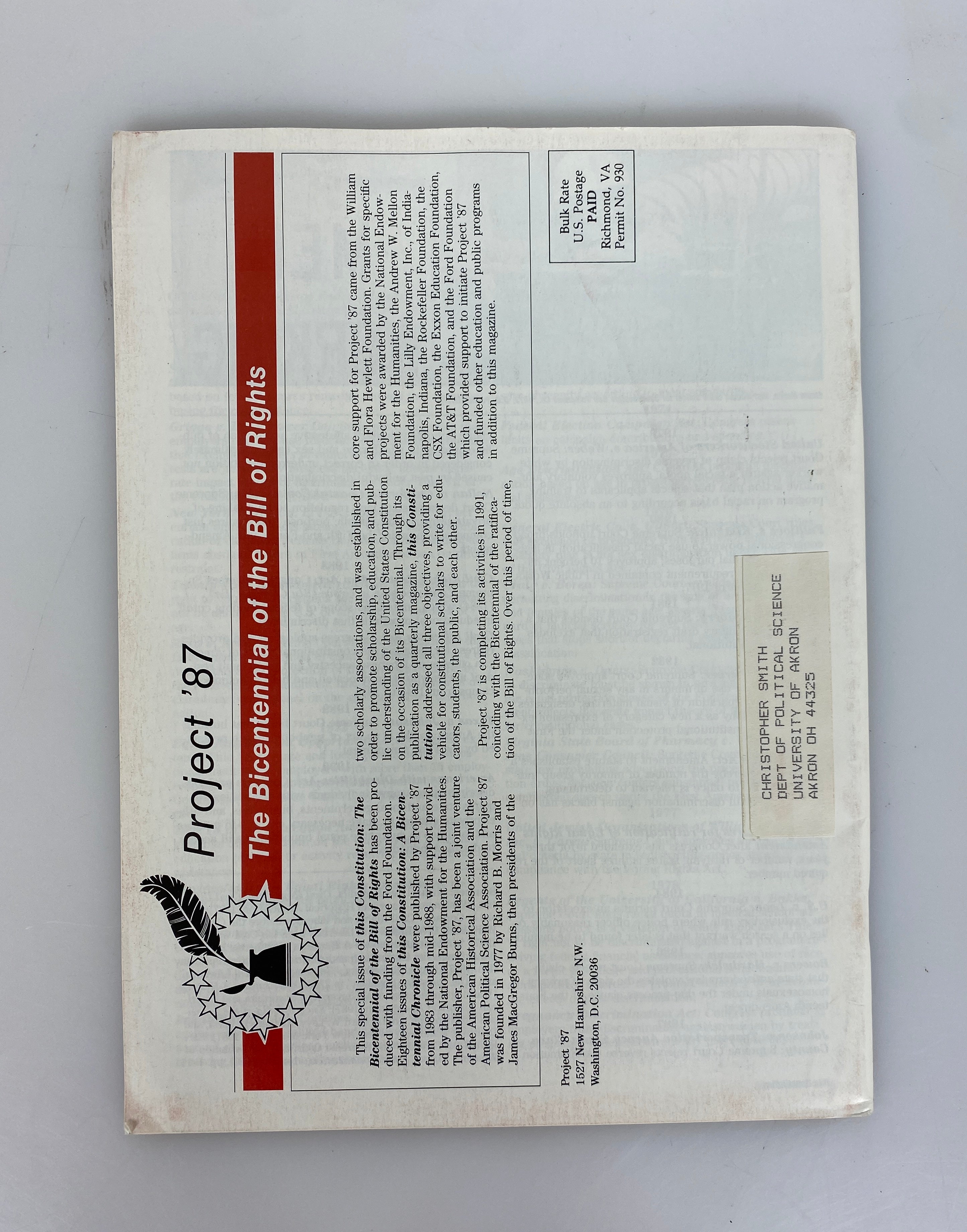 Project '87 Bicentennial of the Bill of Rights Rare Special Issue No 19 Fall 1991 SC