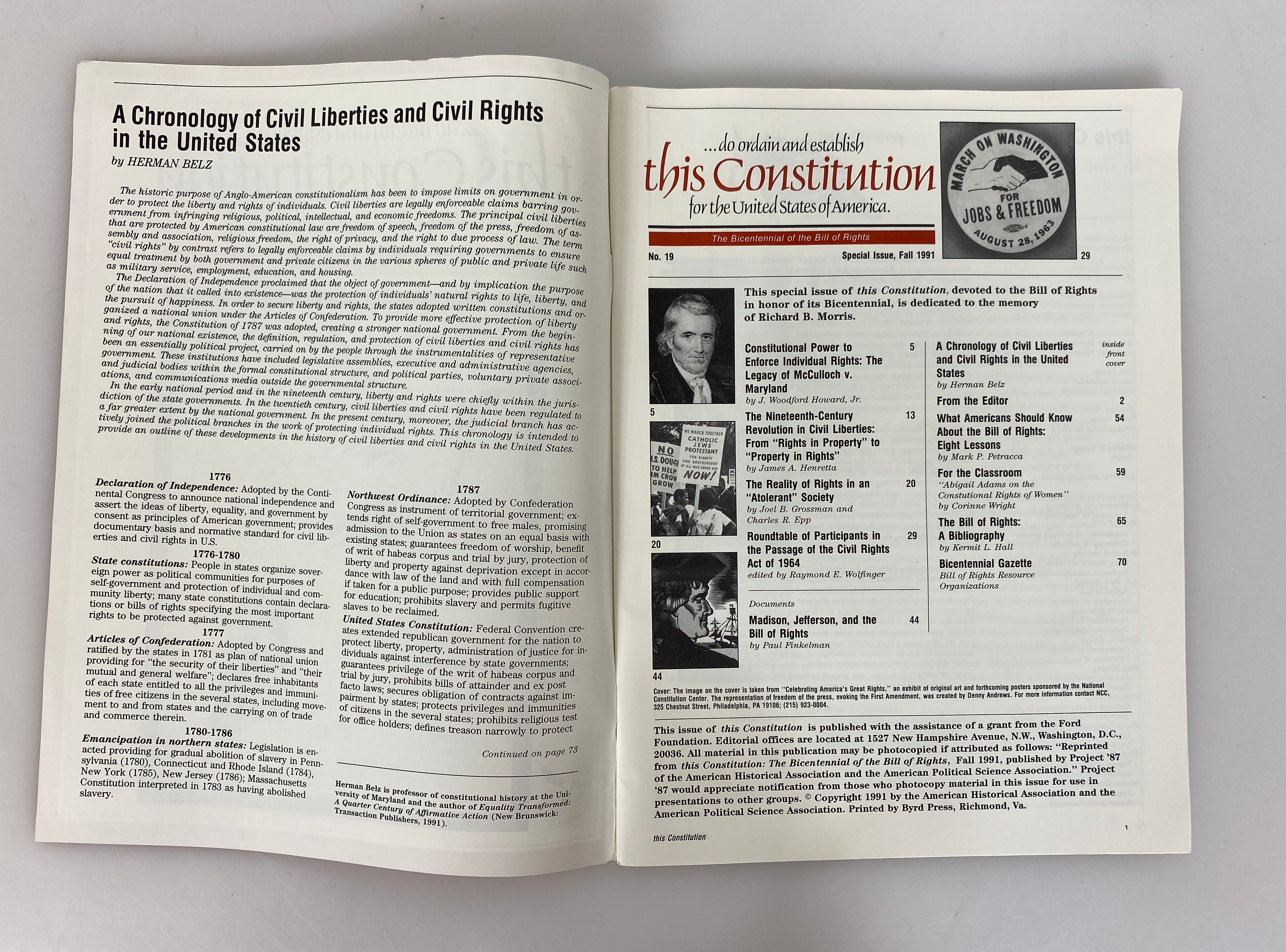 Project '87 Bicentennial of the Bill of Rights Rare Special Issue No 19 Fall 1991 SC
