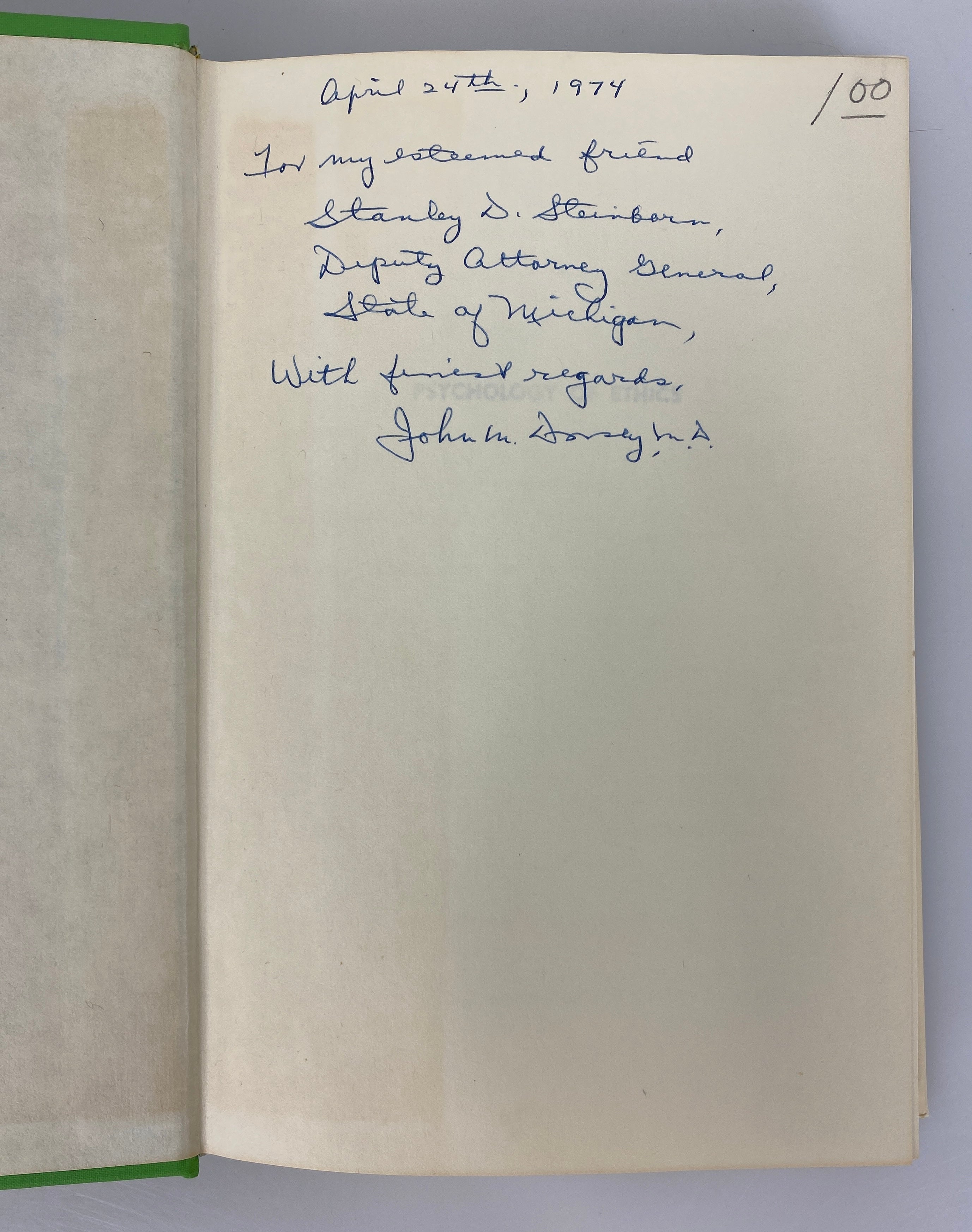 Psychology of Ethics John Dorsey 1974 Inscribed to MI Deputy A.G. by Author HCDJ