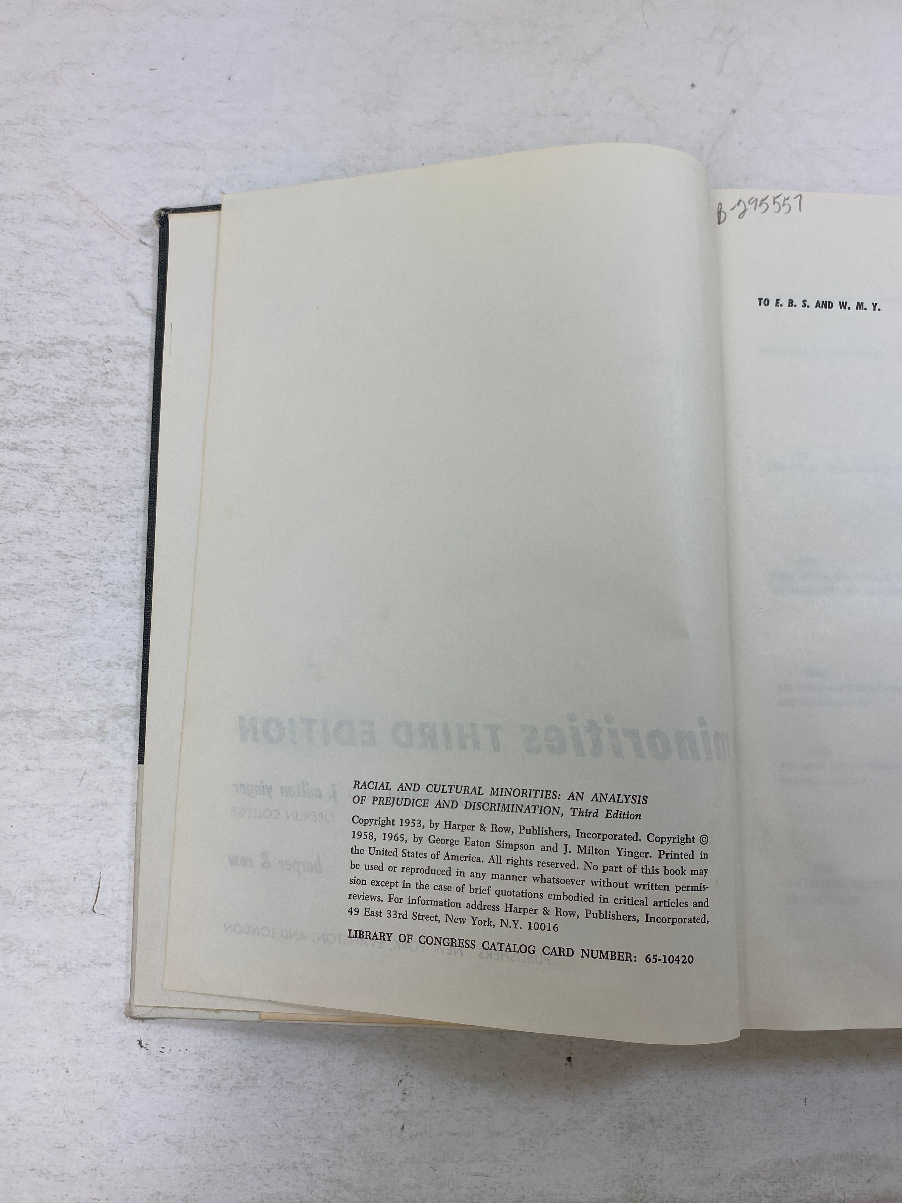 Racial and Cultural Minorities by Simpson/Yinger Ex-library 1965 HC