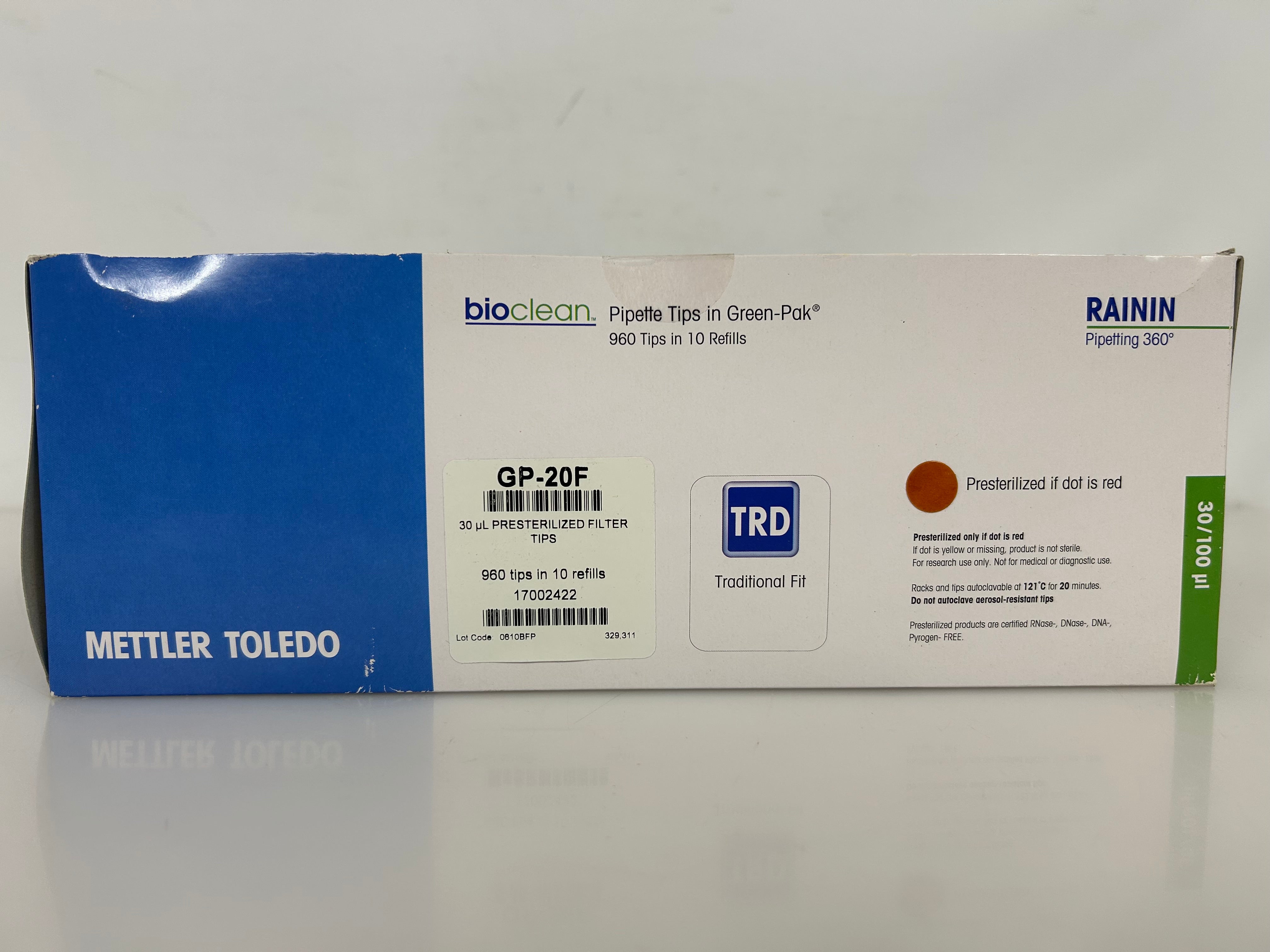 Rainin Bioclean Precision Pipette 30/100 µ Tips 960 Tips in 10 refills Green-Pak