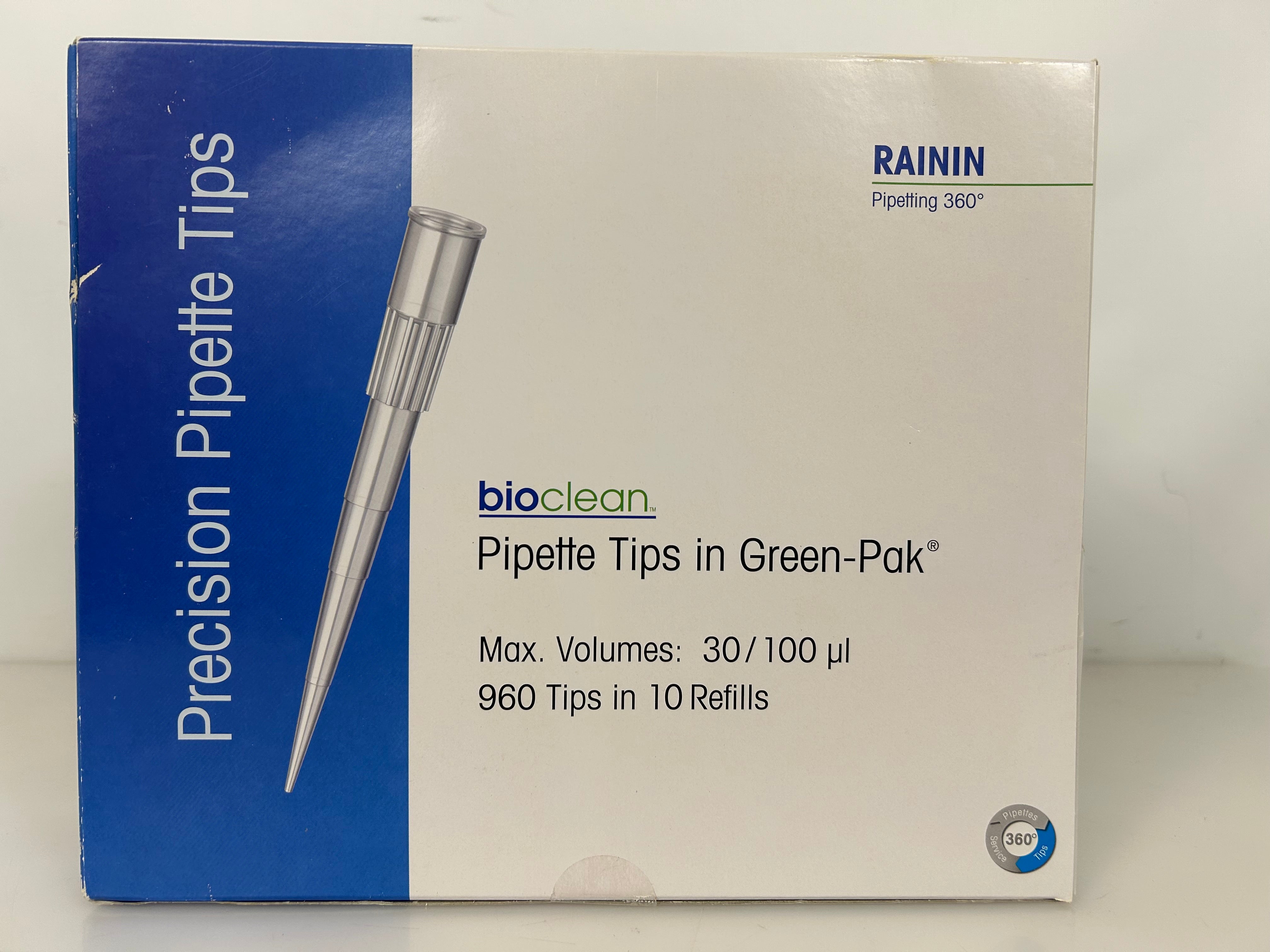 Rainin Bioclean Precision Pipette 30/100 µ Tips 960 Tips in 10 refills Green-Pak