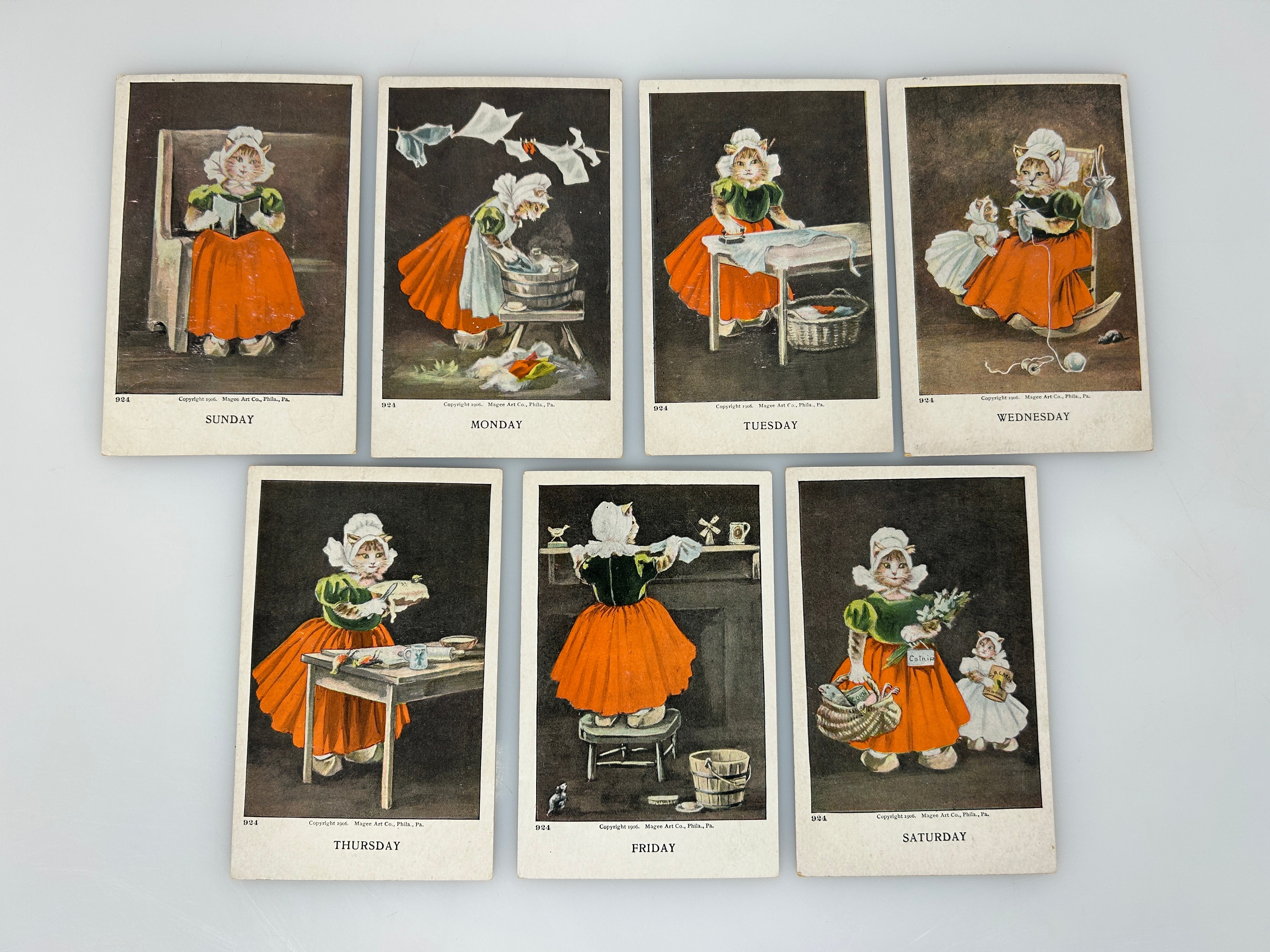 Rare Full Set of 7 Vintage c1906 Magee Art Days of Week Cat Postcards
