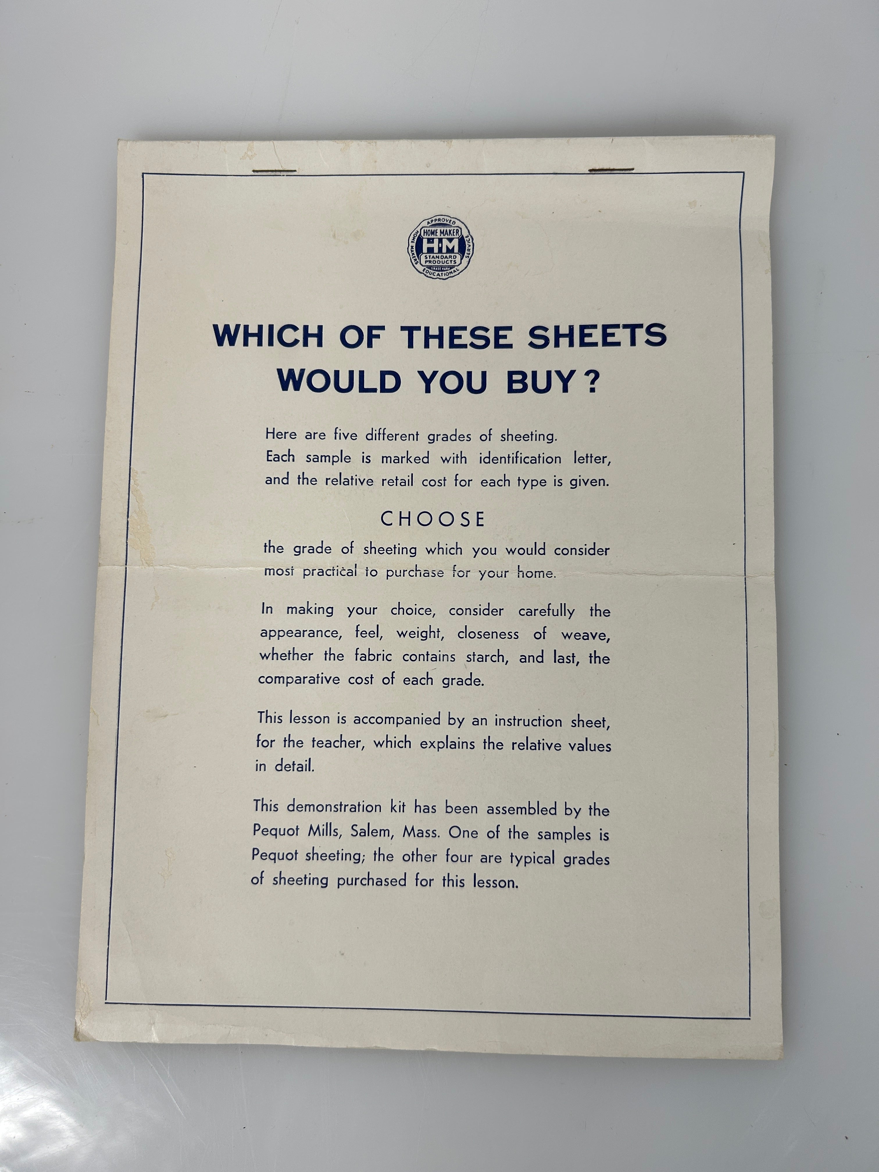 Rare Pequot Mills Lot: Sheet samples/Textbook w/Bedmaking/Mill Tour/Facts Posters