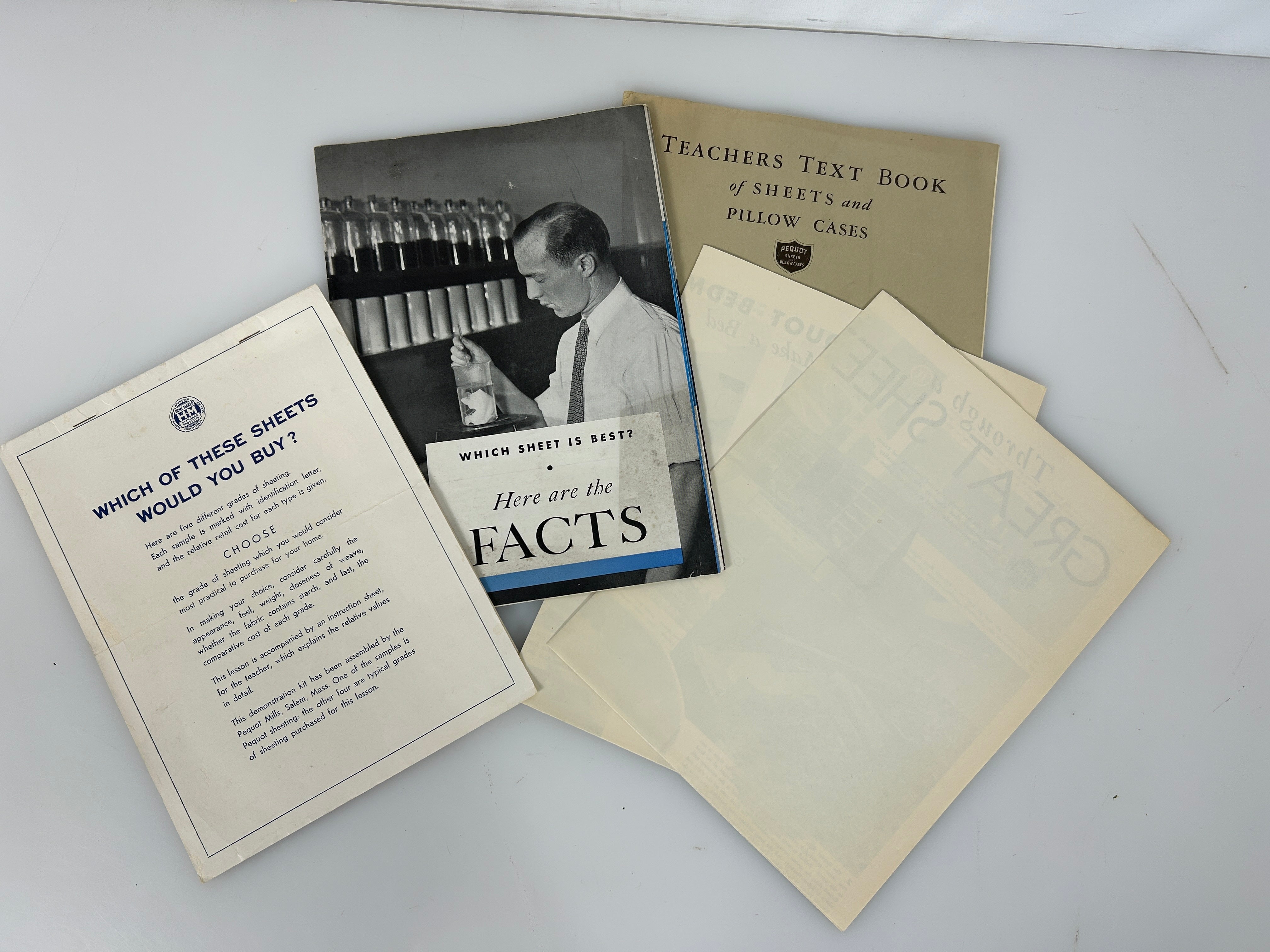 Rare Pequot Mills Lot: Sheet samples/Textbook w/Bedmaking/Mill Tour/Facts Posters
