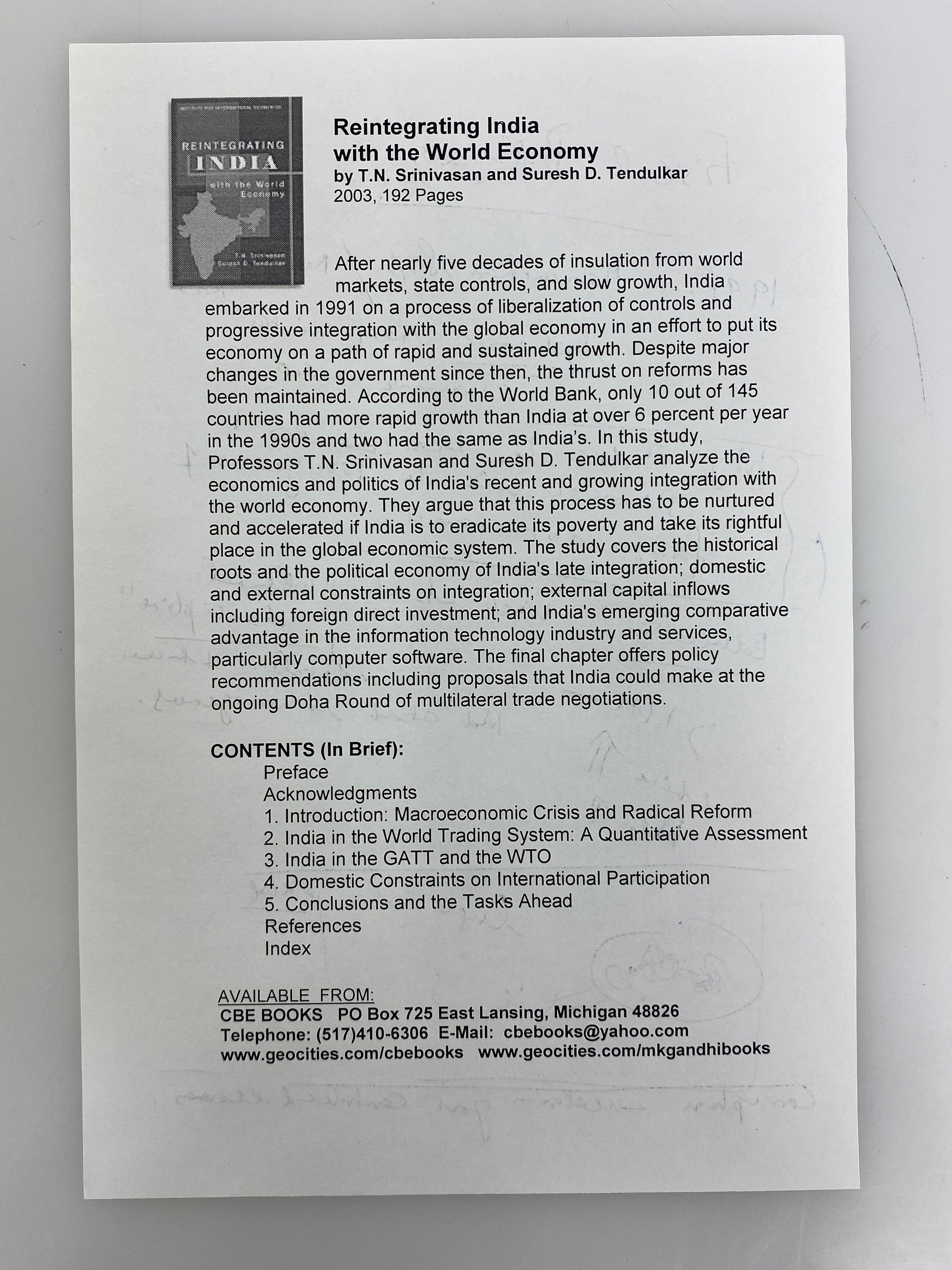 Reintegrating India w the World Economy by T.N. Srinivasan Signed 2003 SC