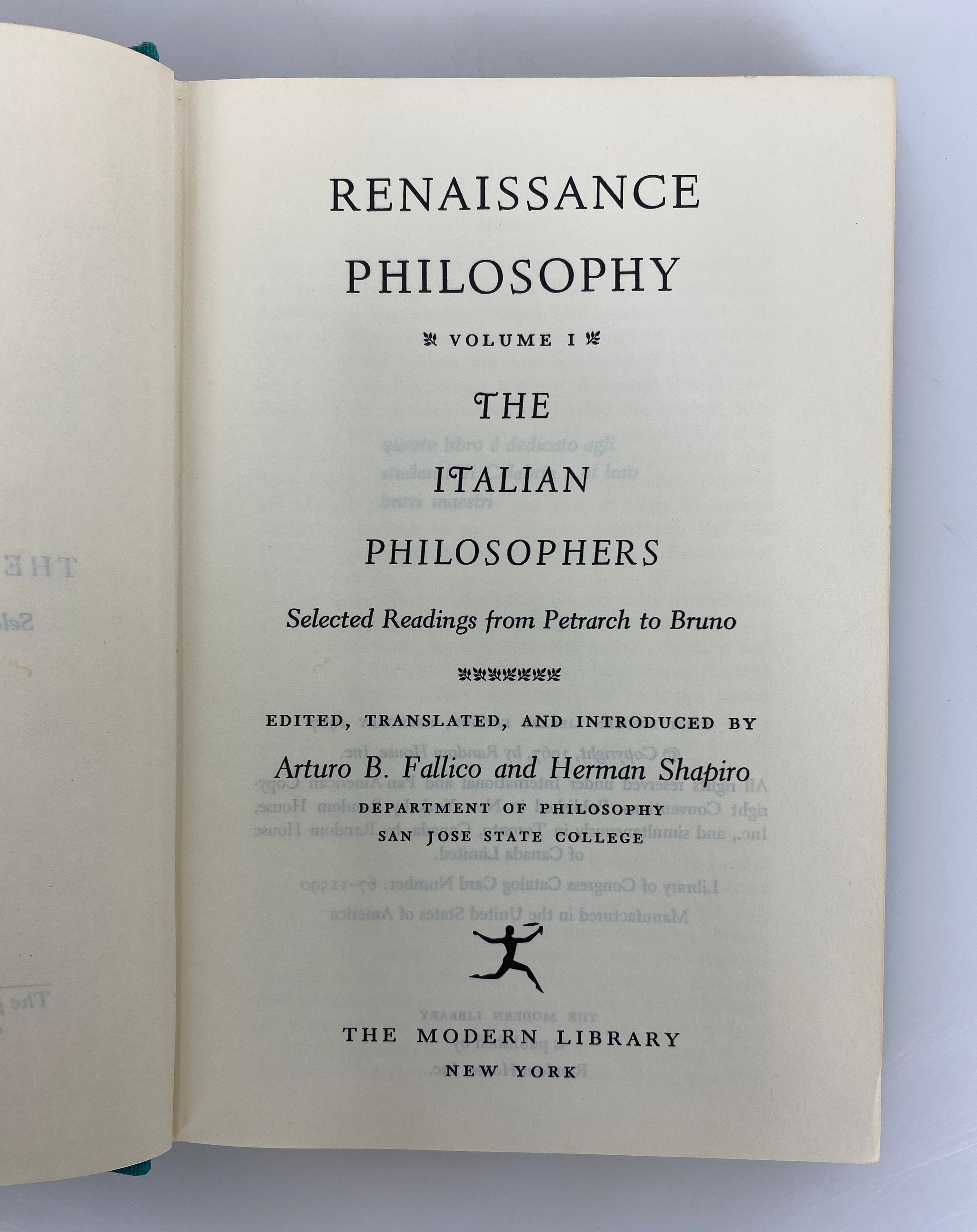 Renaissance Philosophy Vol 1 The Italian Philosophers Modern Library 1967 HCDJ