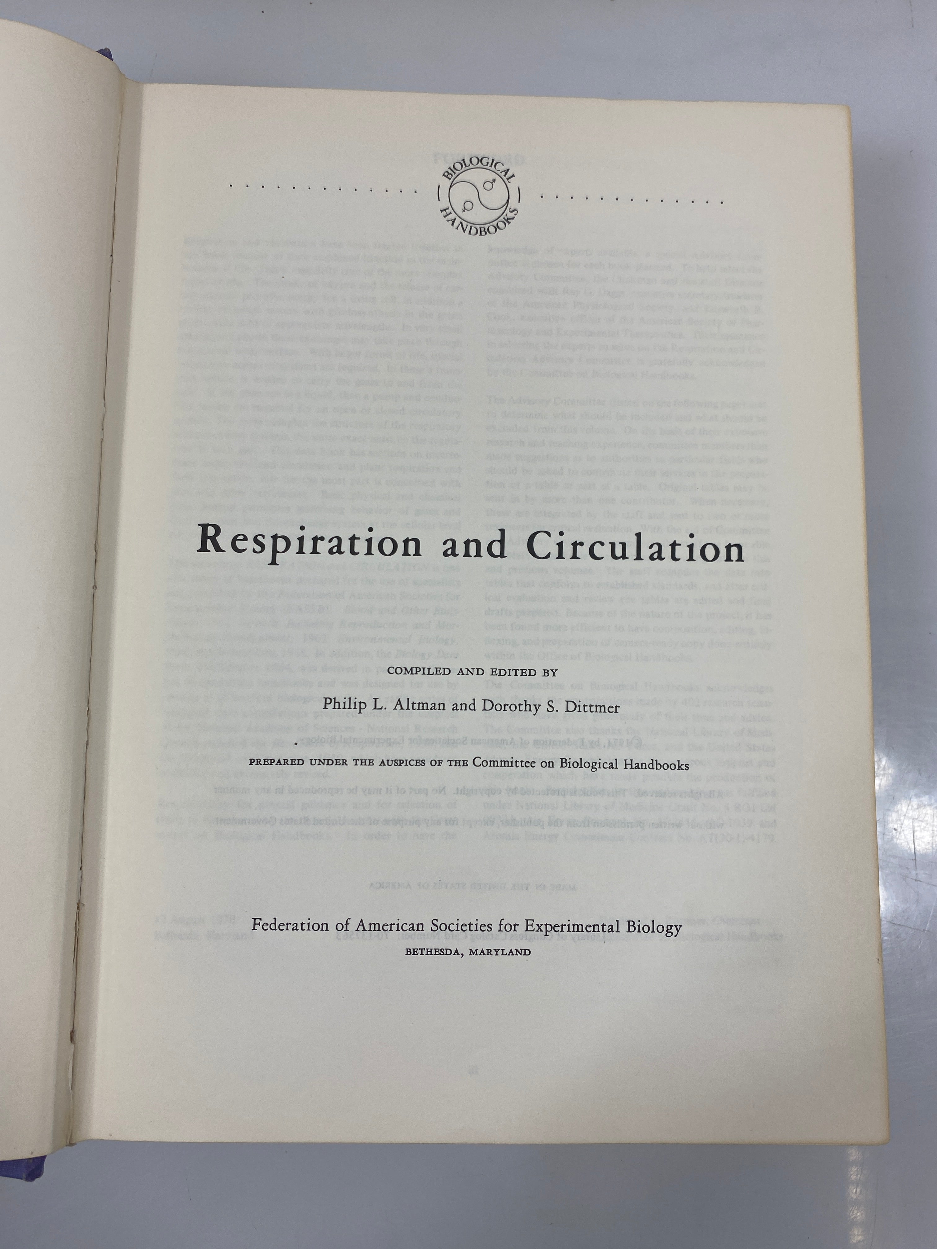 Respiration and Circulation by Altman/Dittmer 1971 HC