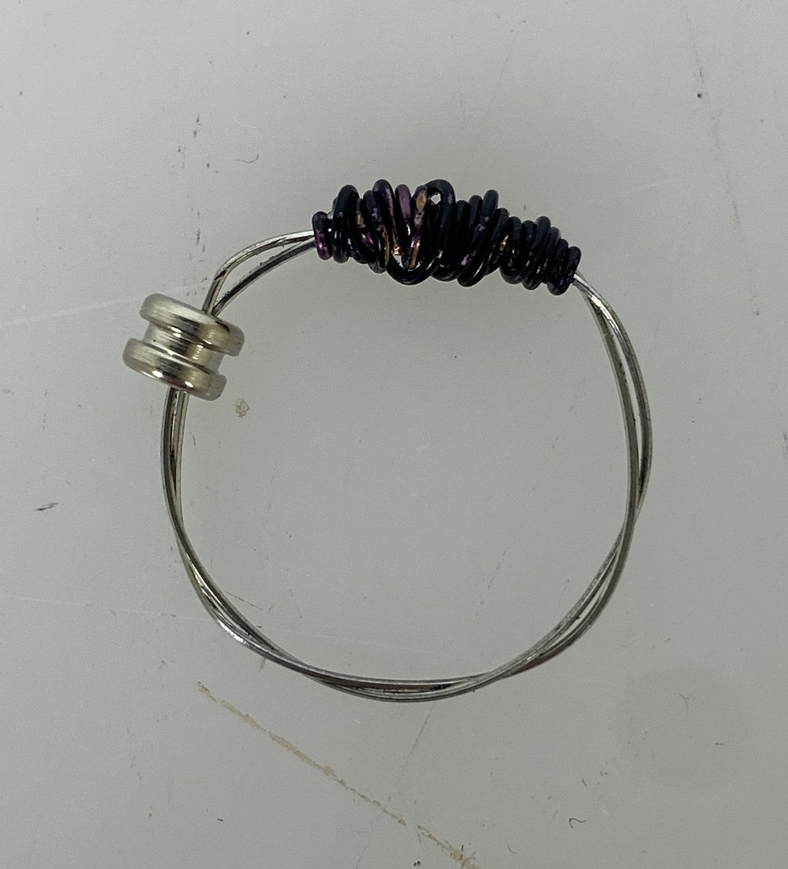 Restrung Black and Silver Wire Bead Ring