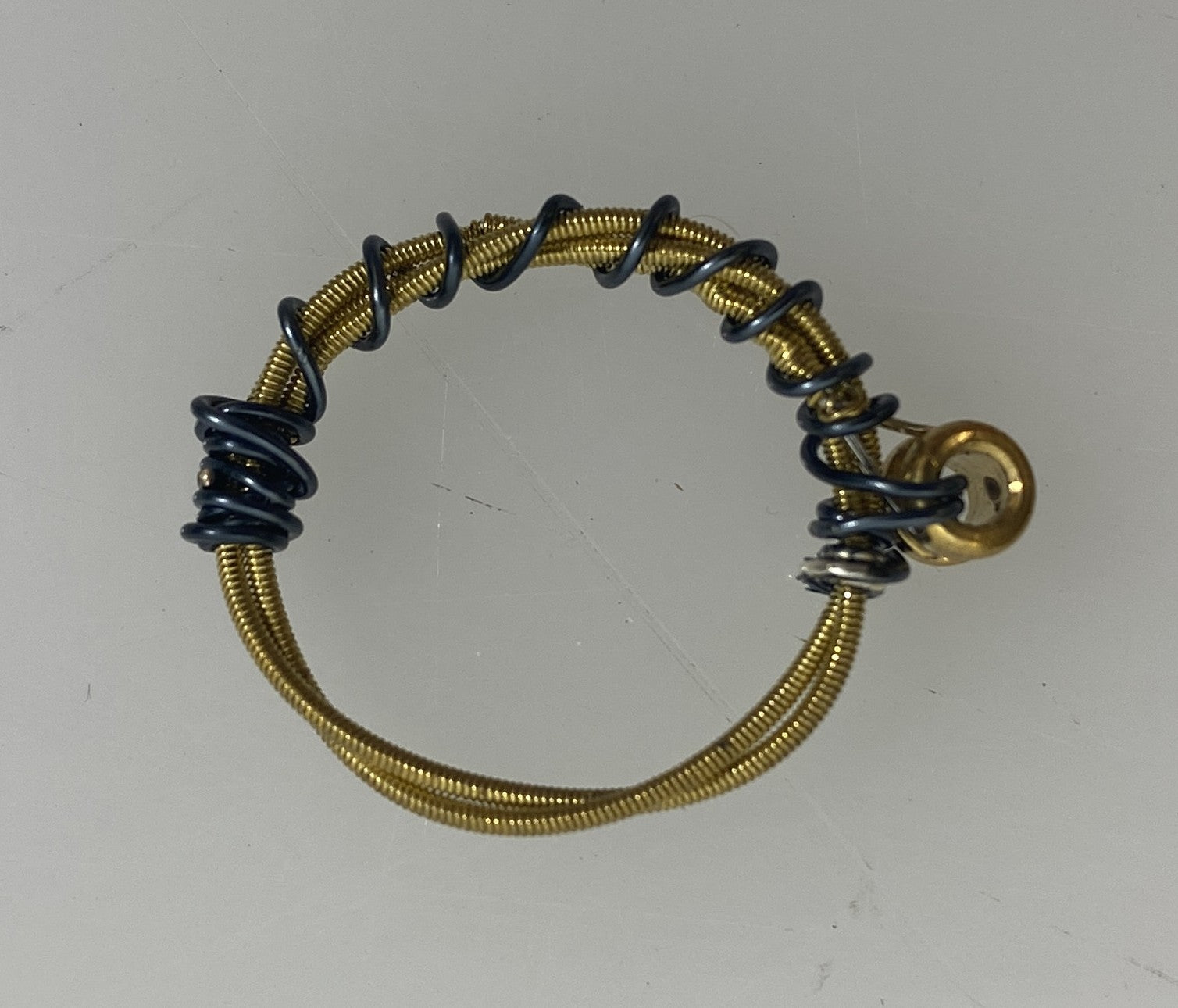 Restrung Metallic Blue and Gold Spring Wire Wrapped Bead Ring