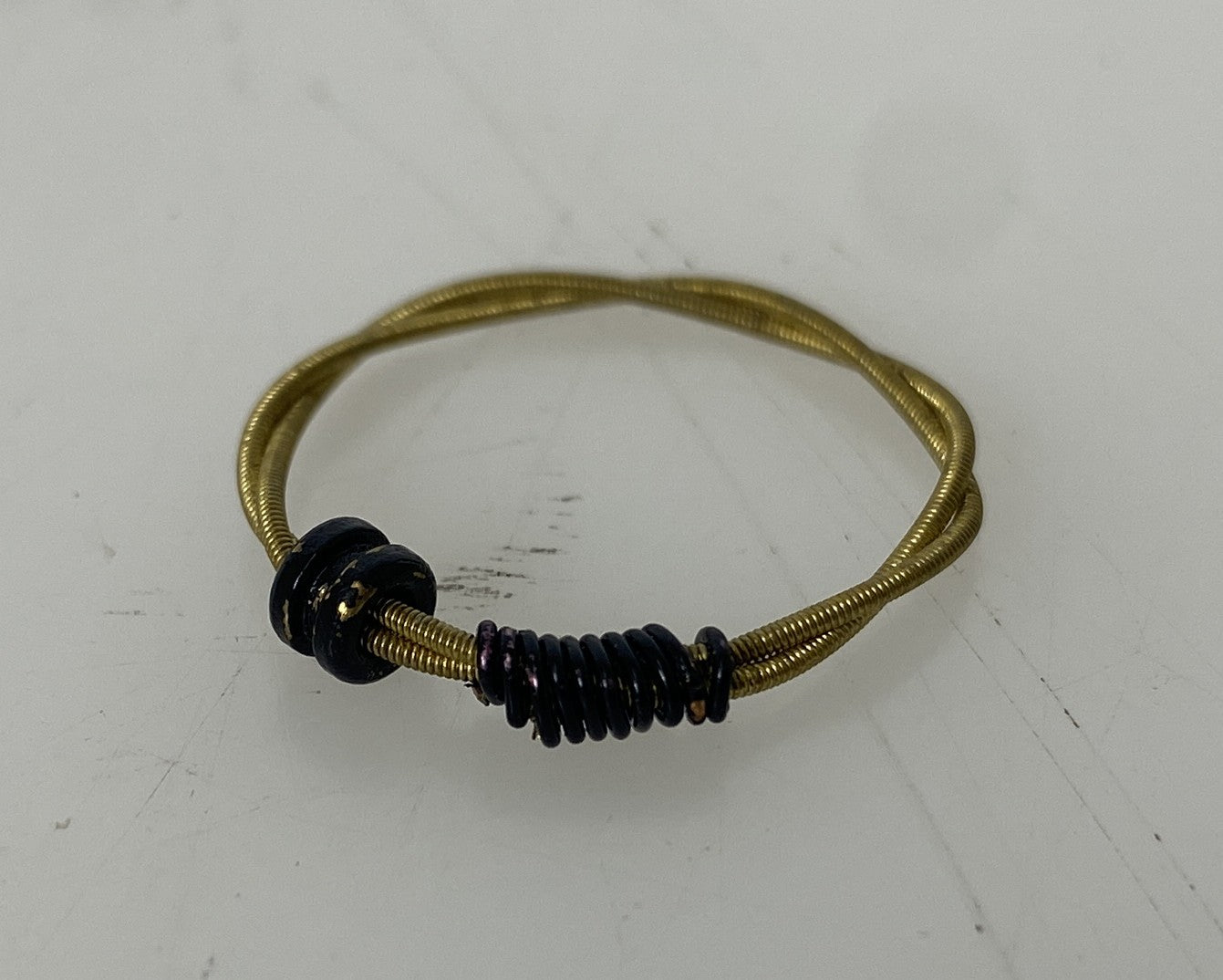 Restrung Navy Blue and Brass Spring Wire Bead Ring