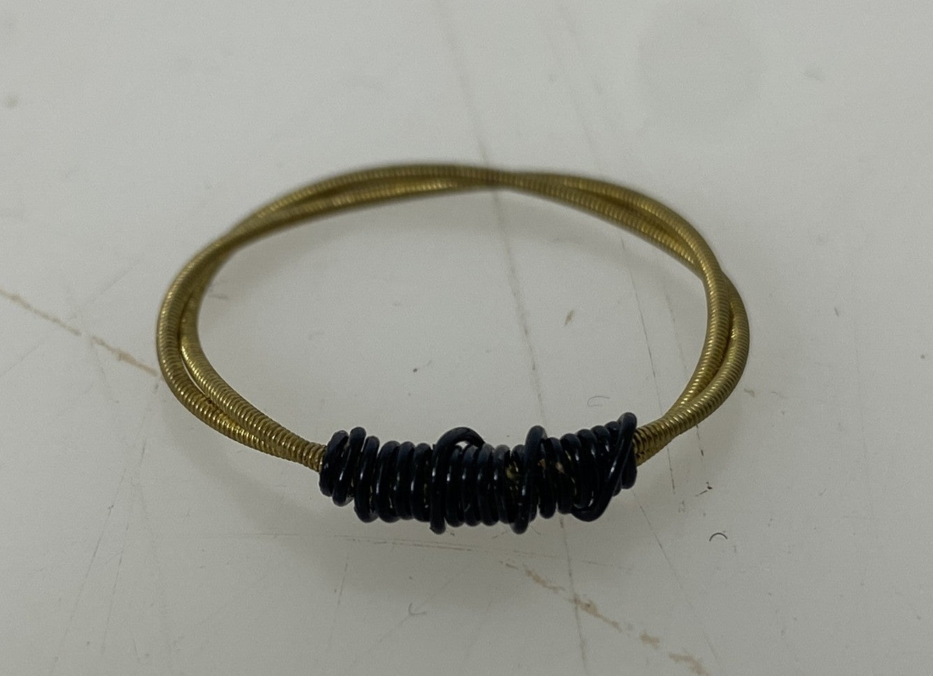 Restrung Navy Blue and Brass Spring Wire Ring
