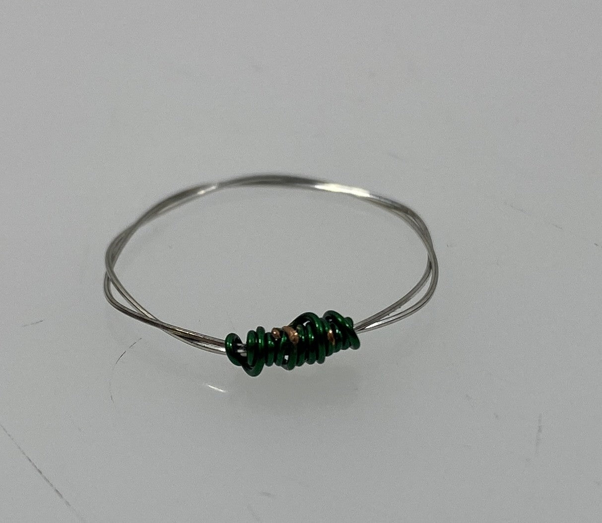 Restrung Silver and Metallic Green Spring Wire Ring