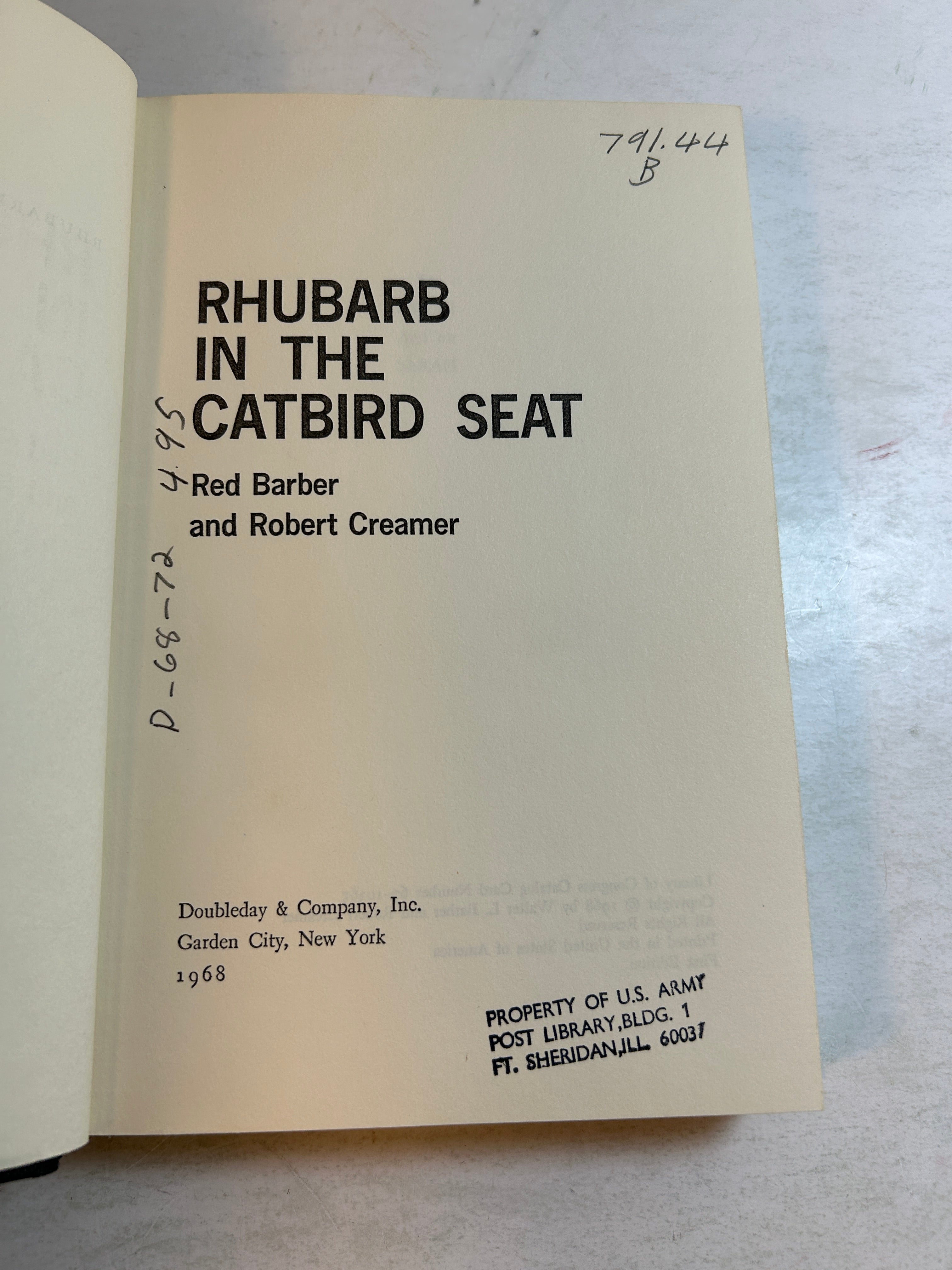 Rhubarb in the Catbird Seat Red Barber & Robert Creamer 1st Ed 1968 Ex-Lib HCDJ
