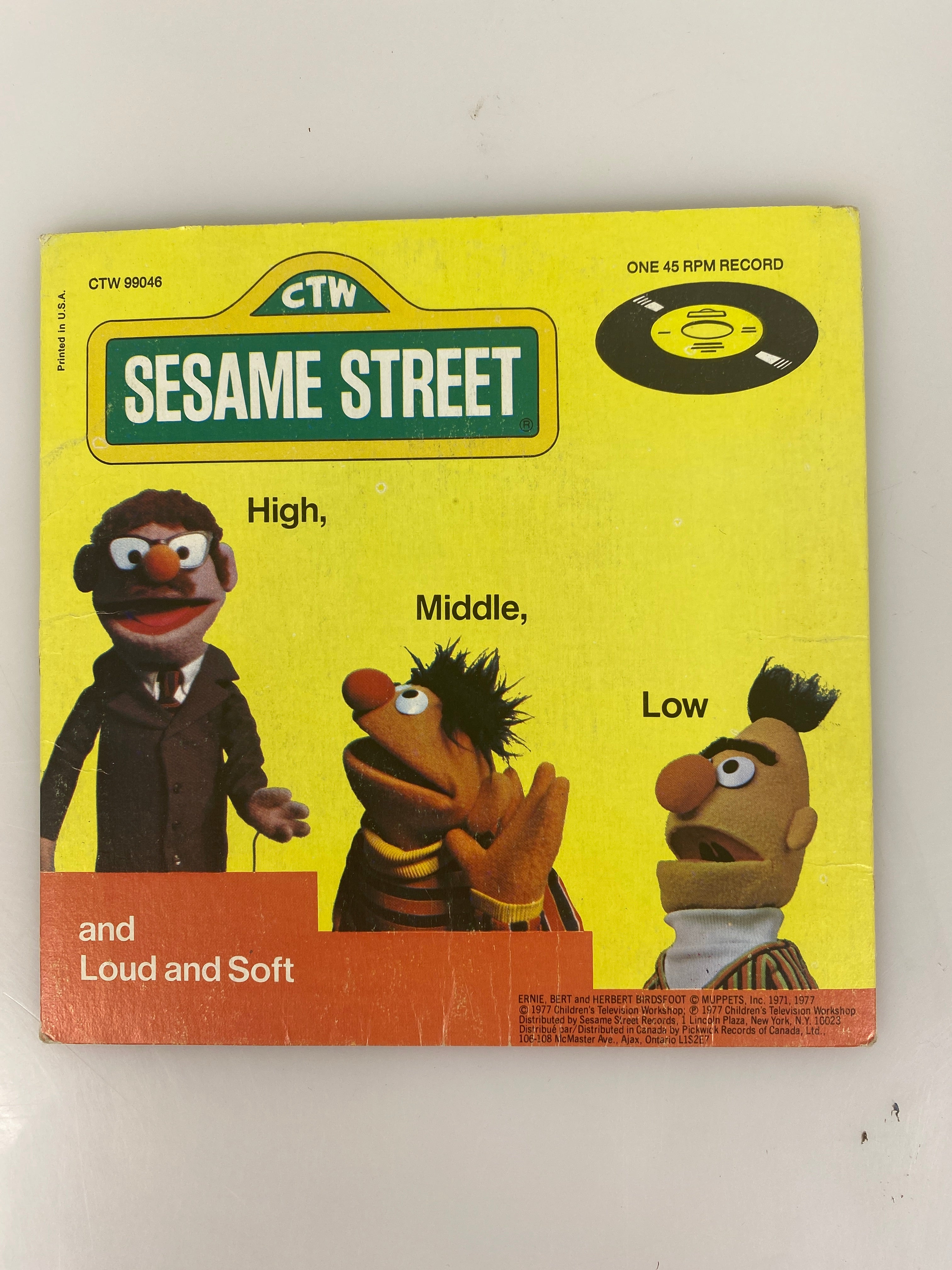 Sesame Street Bert and Ernie Loud and Soft 45 Vinyl Record 1977