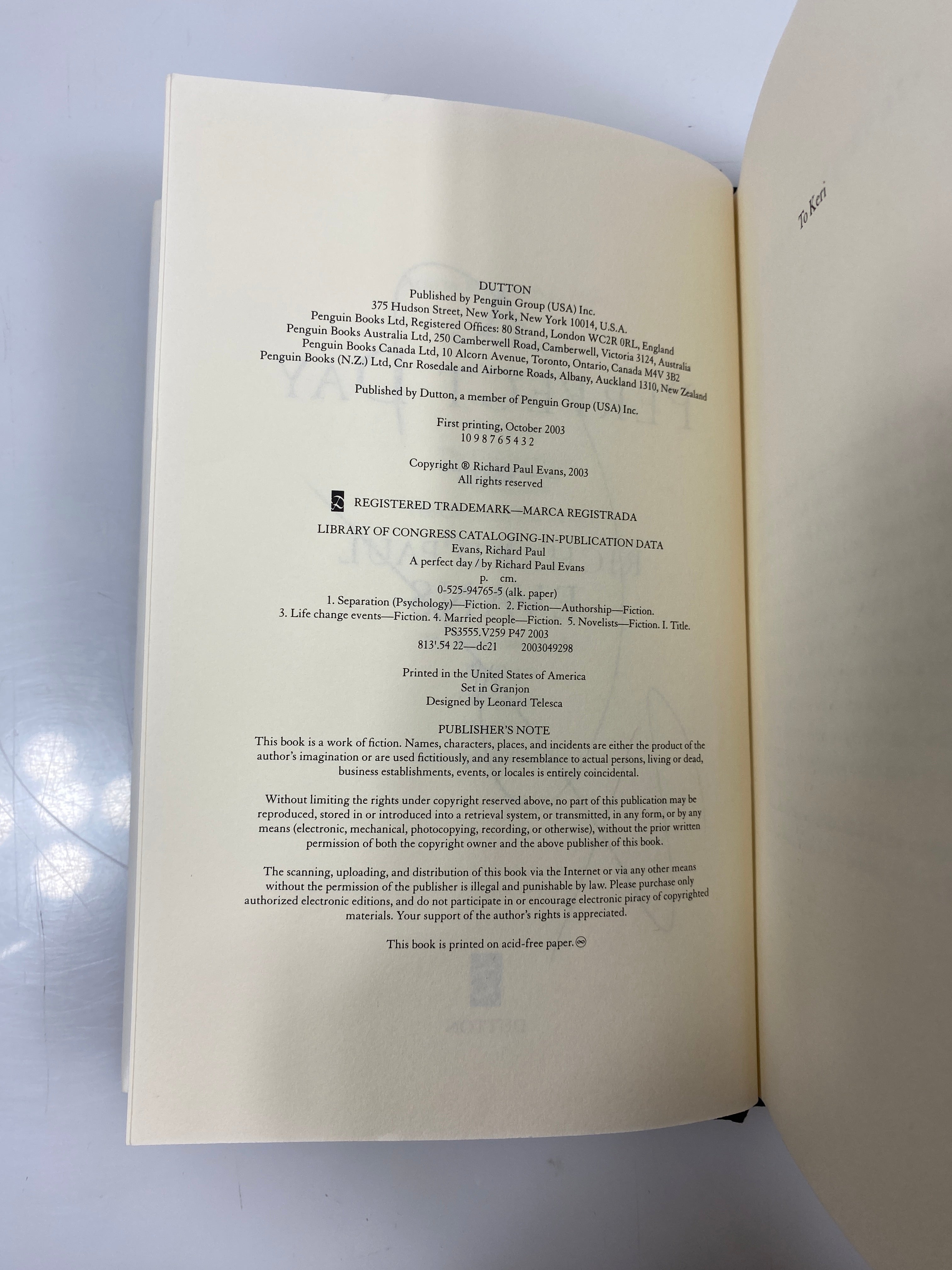 *Signed* A Perfect Day by Richard Paul Evans 2003 HCDJ