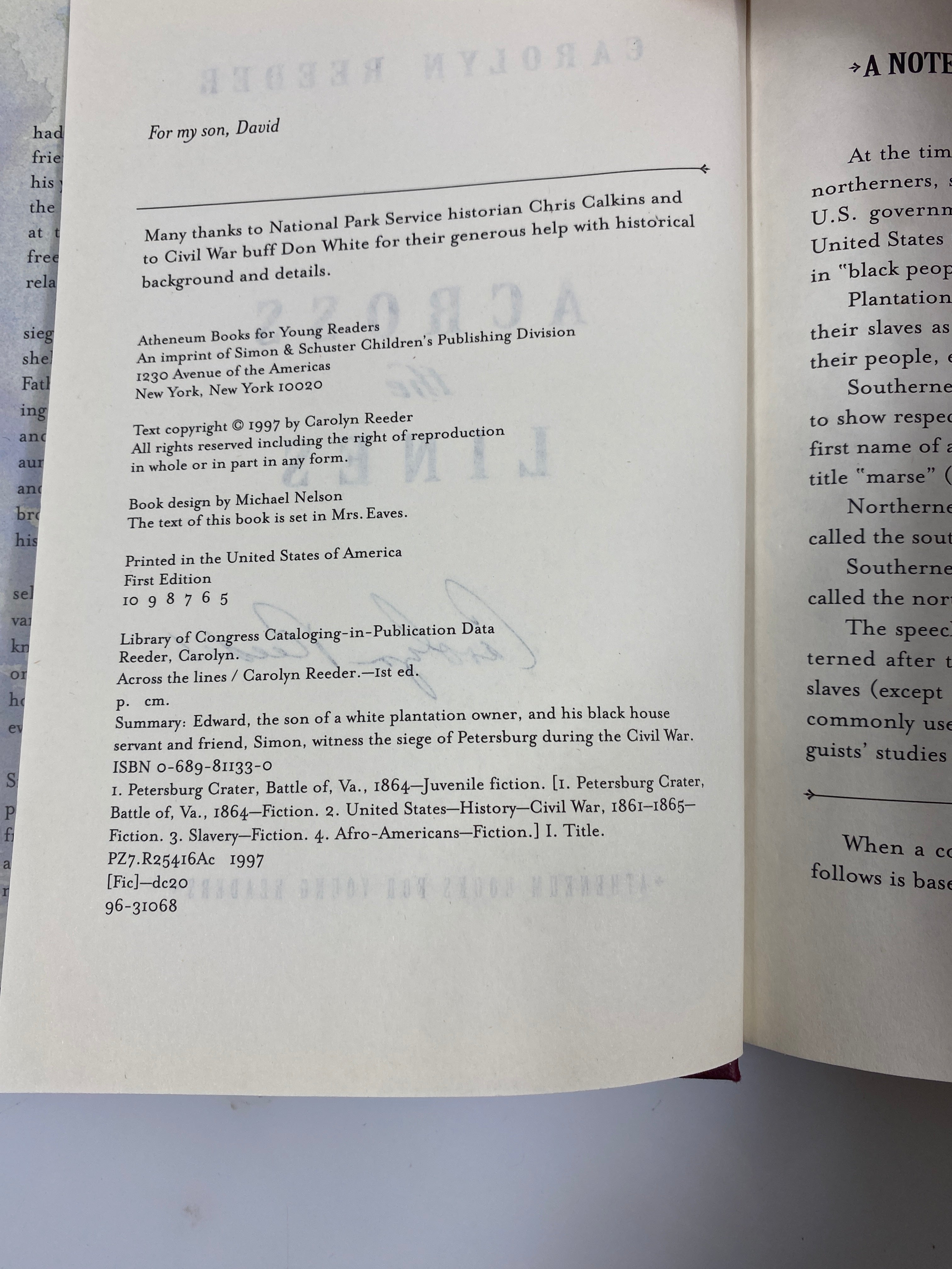 *Signed* Across the Lines Carolyn Reeder 1st Ed. 1997 HCDJ