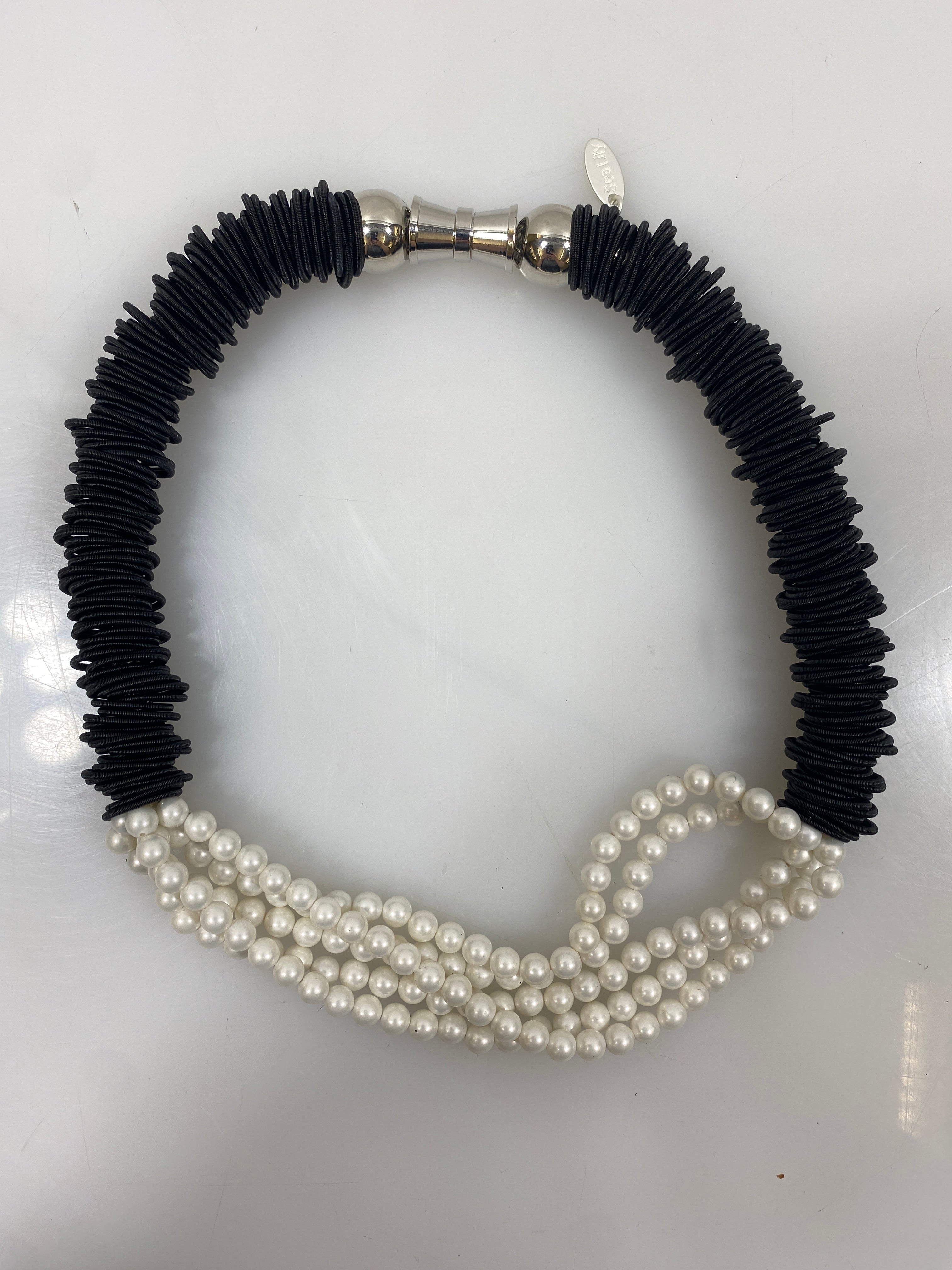 Silver Beaded Pearl Black Charm Clasp Necklace