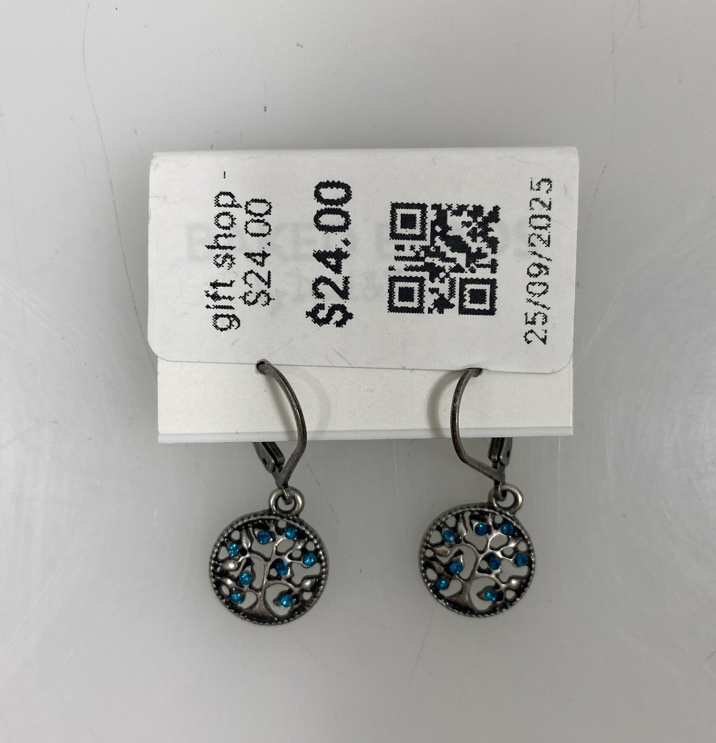 Silver Blue Crystal Tree of Life Earrings