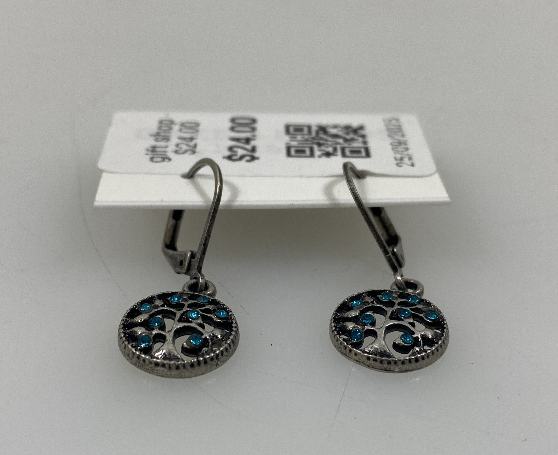 Silver Blue Crystal Tree of Life Earrings