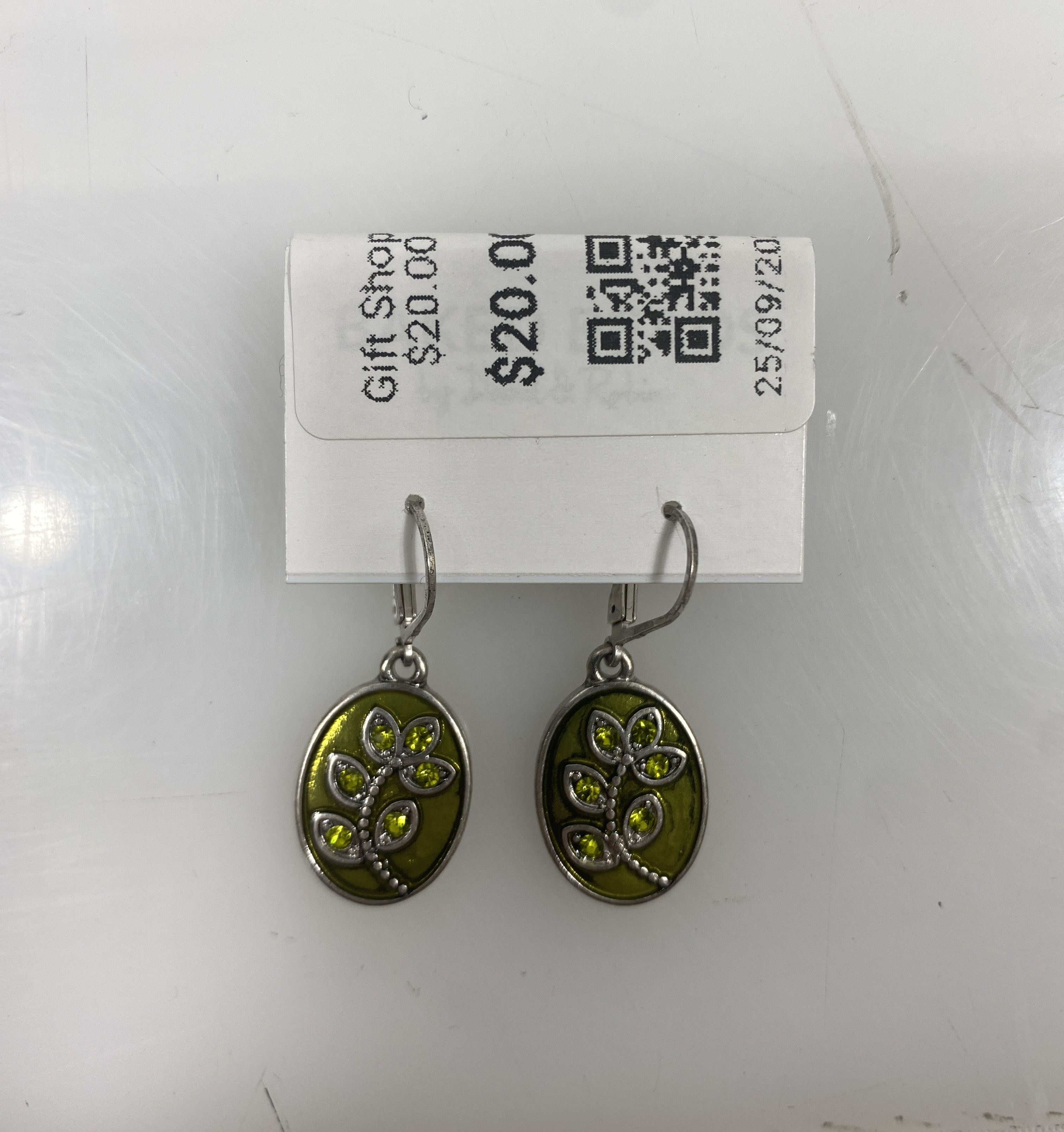 Silver Enamel Green Flower Earrings