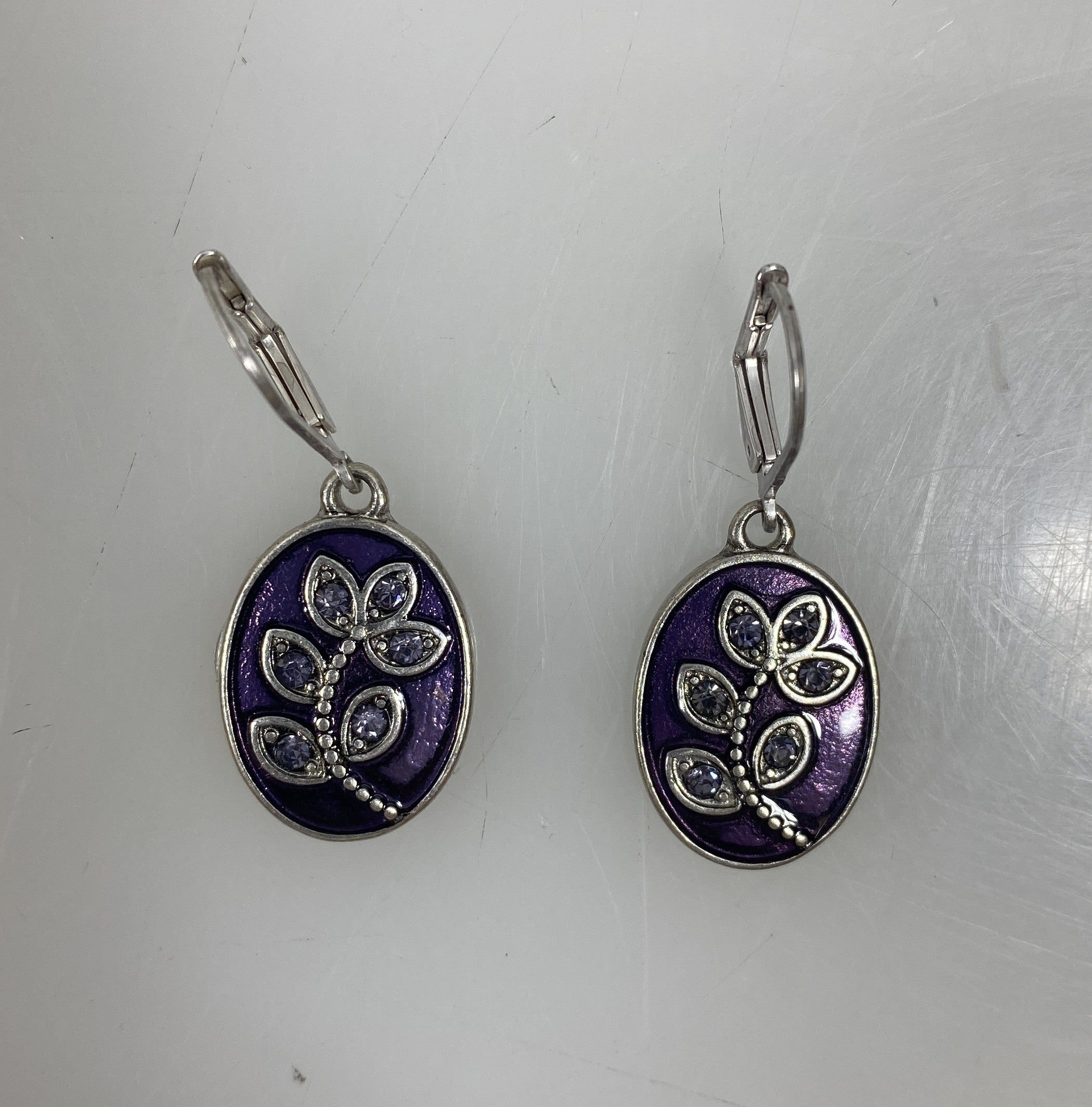 Silver Enamel Purple Flower Earrings