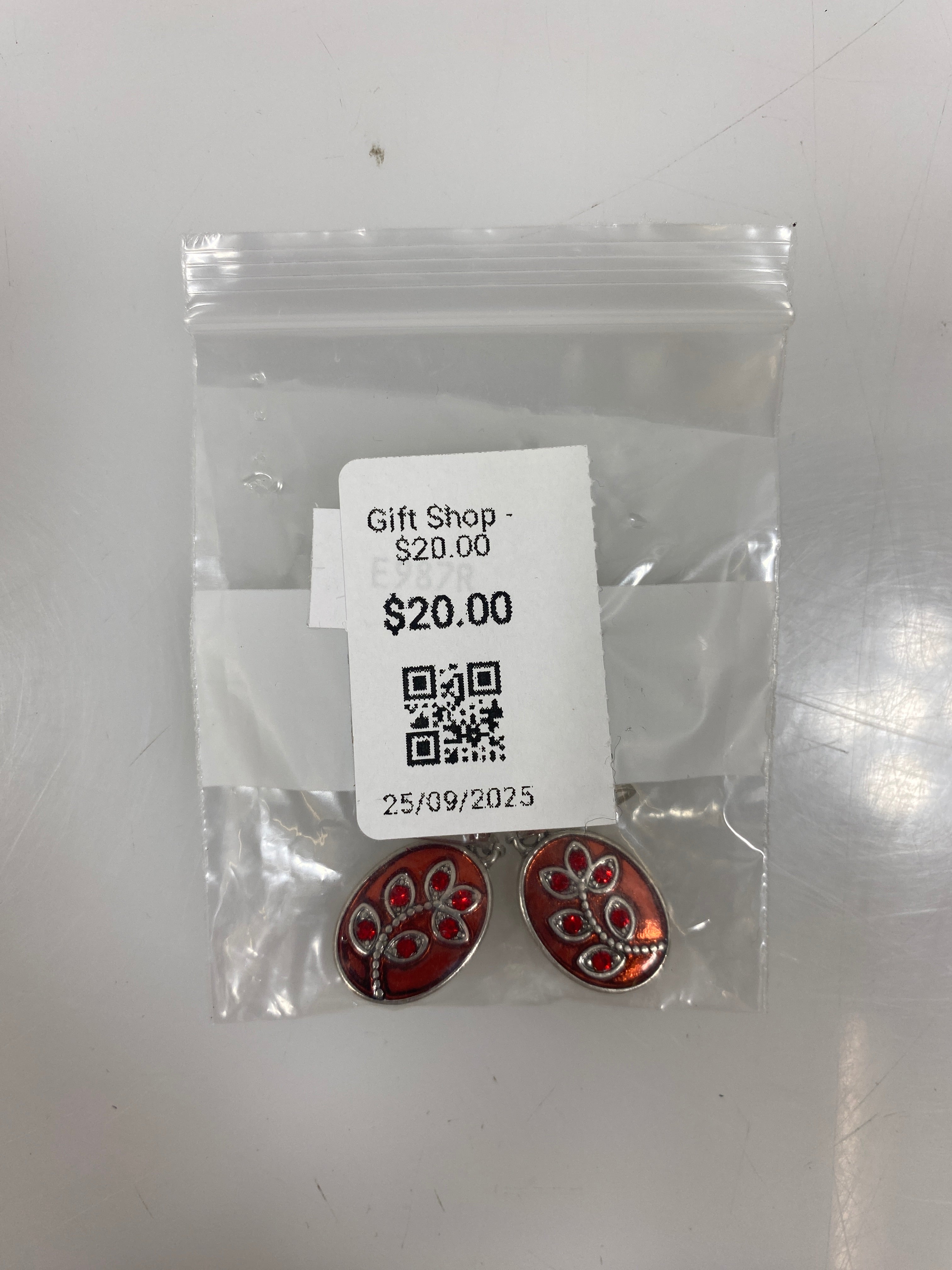 Silver Enamel Red Flower Earrings