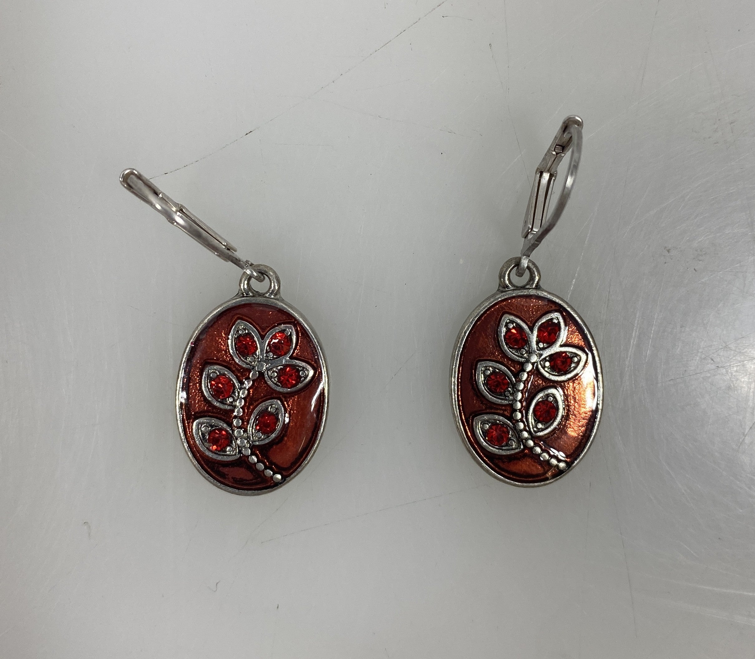 Silver Enamel Red Flower Earrings
