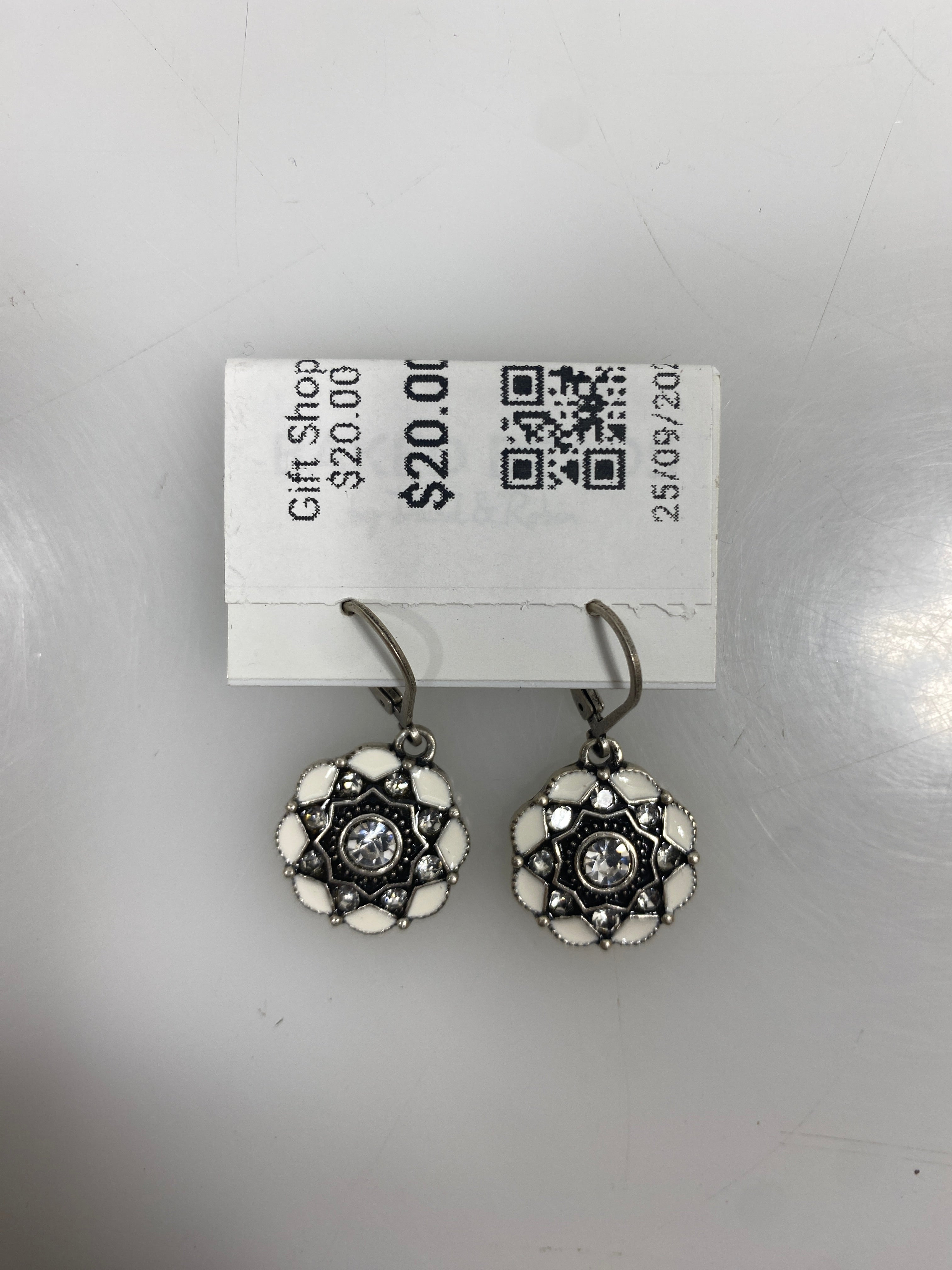 Silver Enamel White Crystal Earrings
