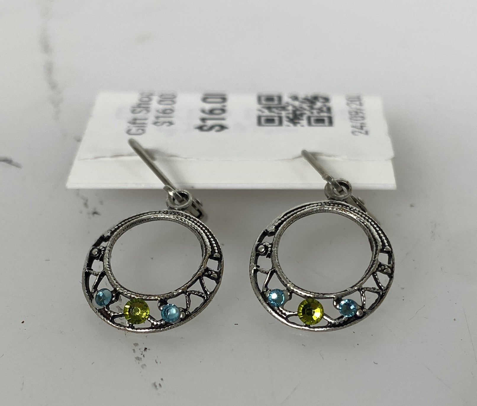Silver Filigree Blue and Green Crystal Hoop Earrings