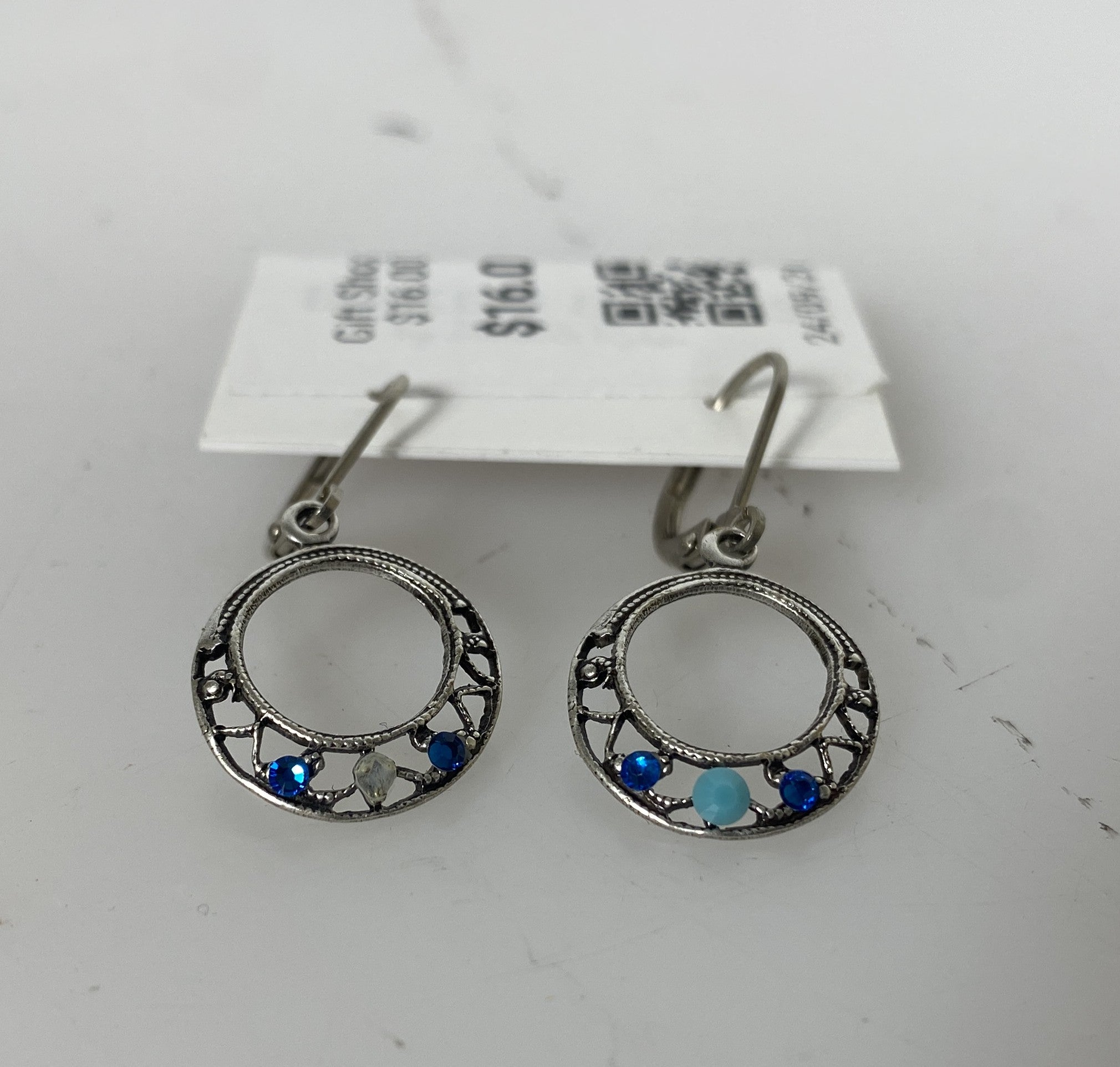 Silver Filigree Multi Blue Crystal Hoop Earrings